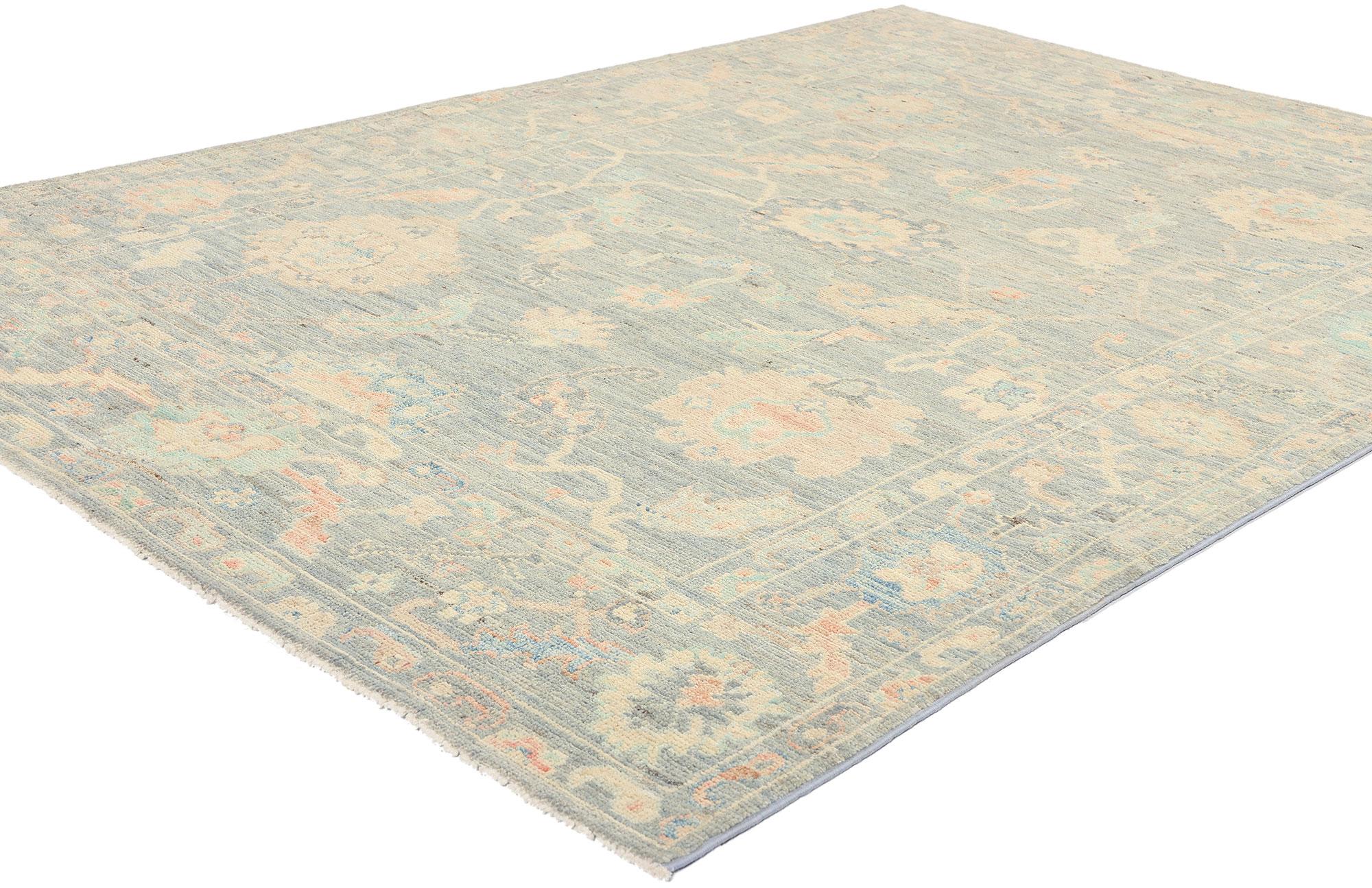 80883 New Modern Style Oushak Rug with Soft Pastel Colors, 04'11 x 07'00. In this hand-knotted wool contemporary Oushak rug, contemporary elegance merges seamlessly with quiet sophistication, resulting in a captivating piece that exudes timeless