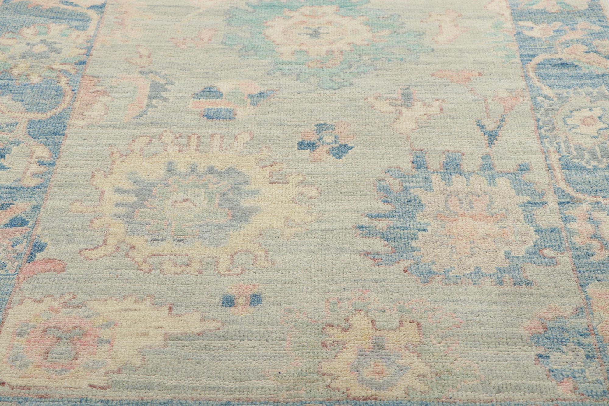 Hand-Knotted Baby Blue Pastel Oushak Rug, Modern Bridgerton Meets Contemporary Elegance For Sale