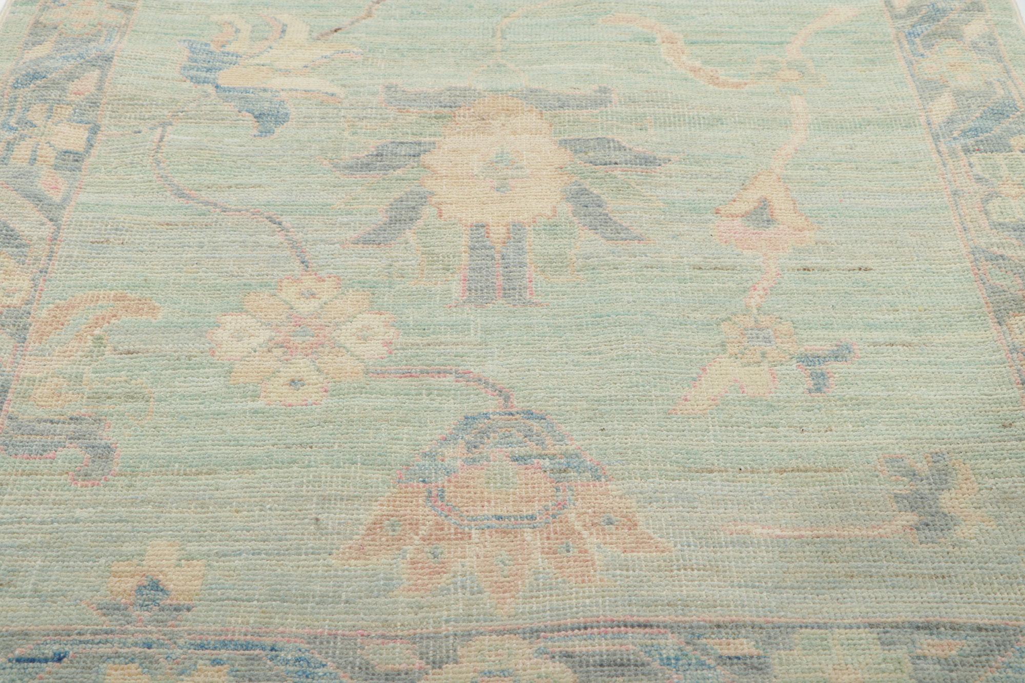 Hand-Knotted Baby Blue Pastel Oushak Rug, Contemporary Elegance Meets Modern Georgian Style For Sale