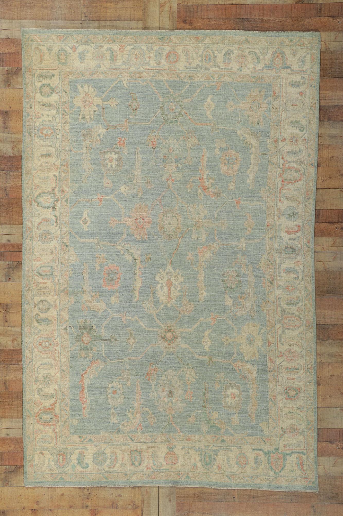 New Contemporary Bunte blaue Oushak Teppich mit Transitional Style im Angebot 3