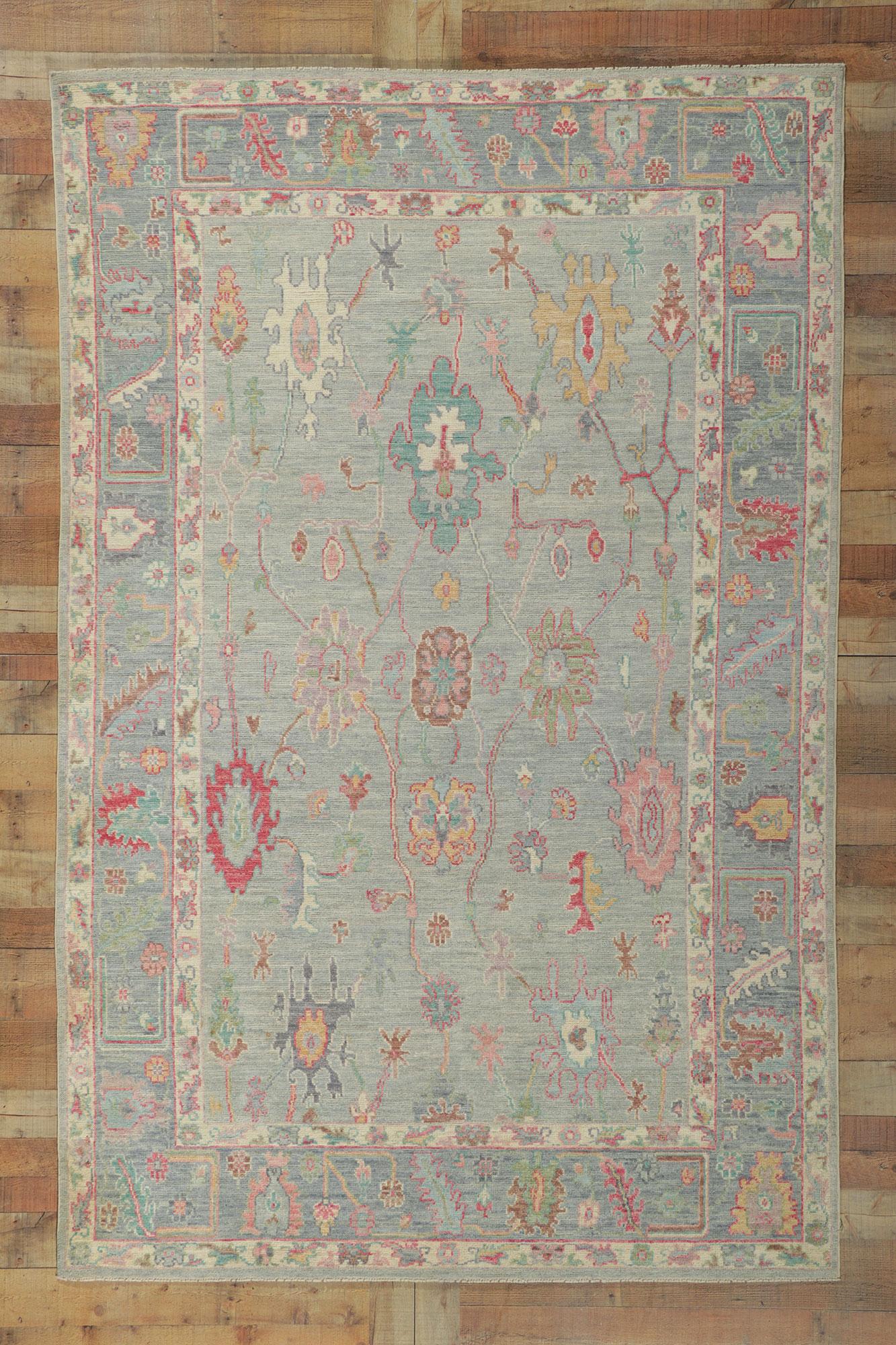 Contemporary Light Blue Oushak Rug with Soft Colors, Swedish Gustavian Meets Modern Style For Sale