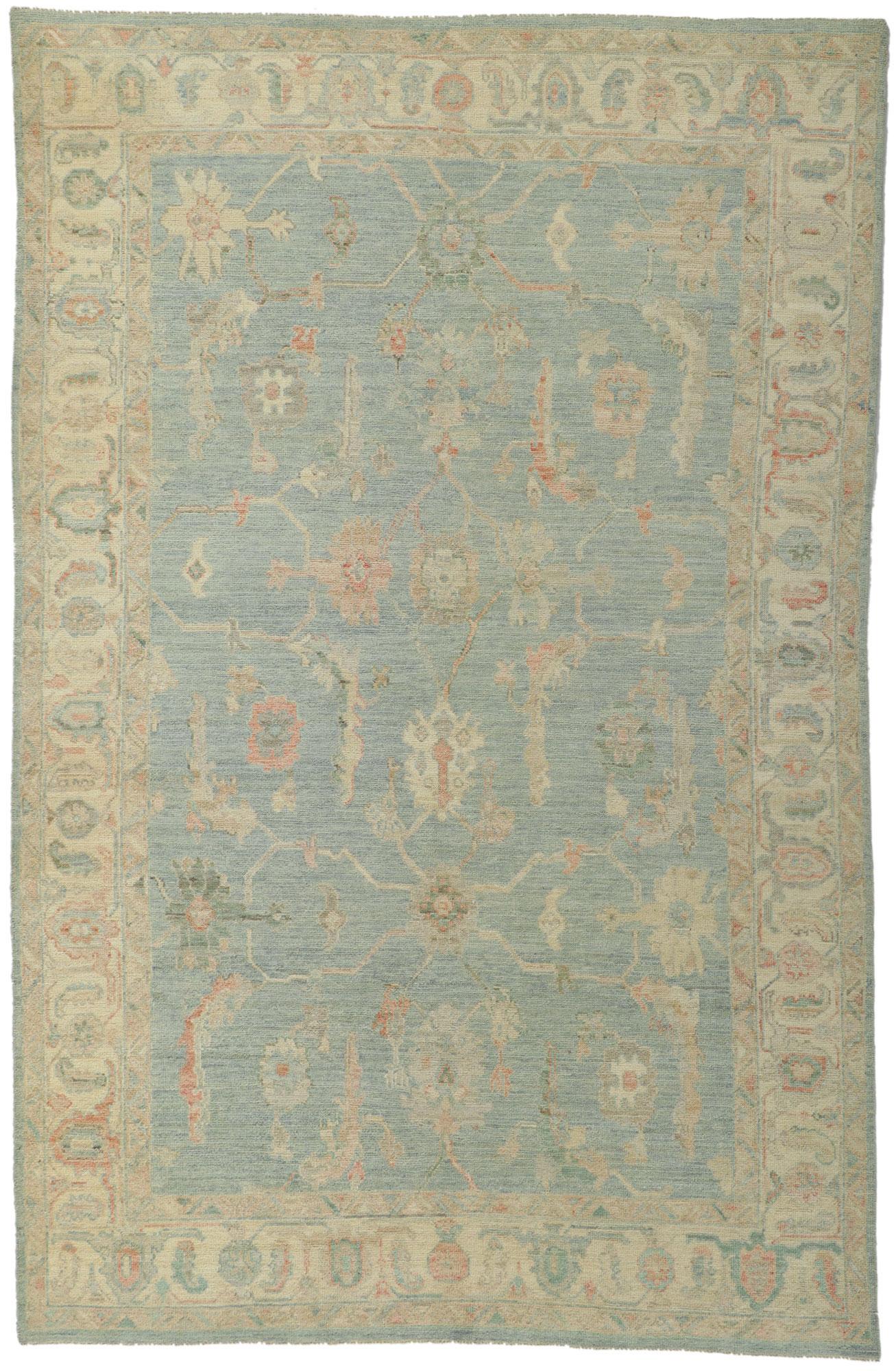 New Contemporary Bunte blaue Oushak Teppich mit Transitional Style im Angebot 4