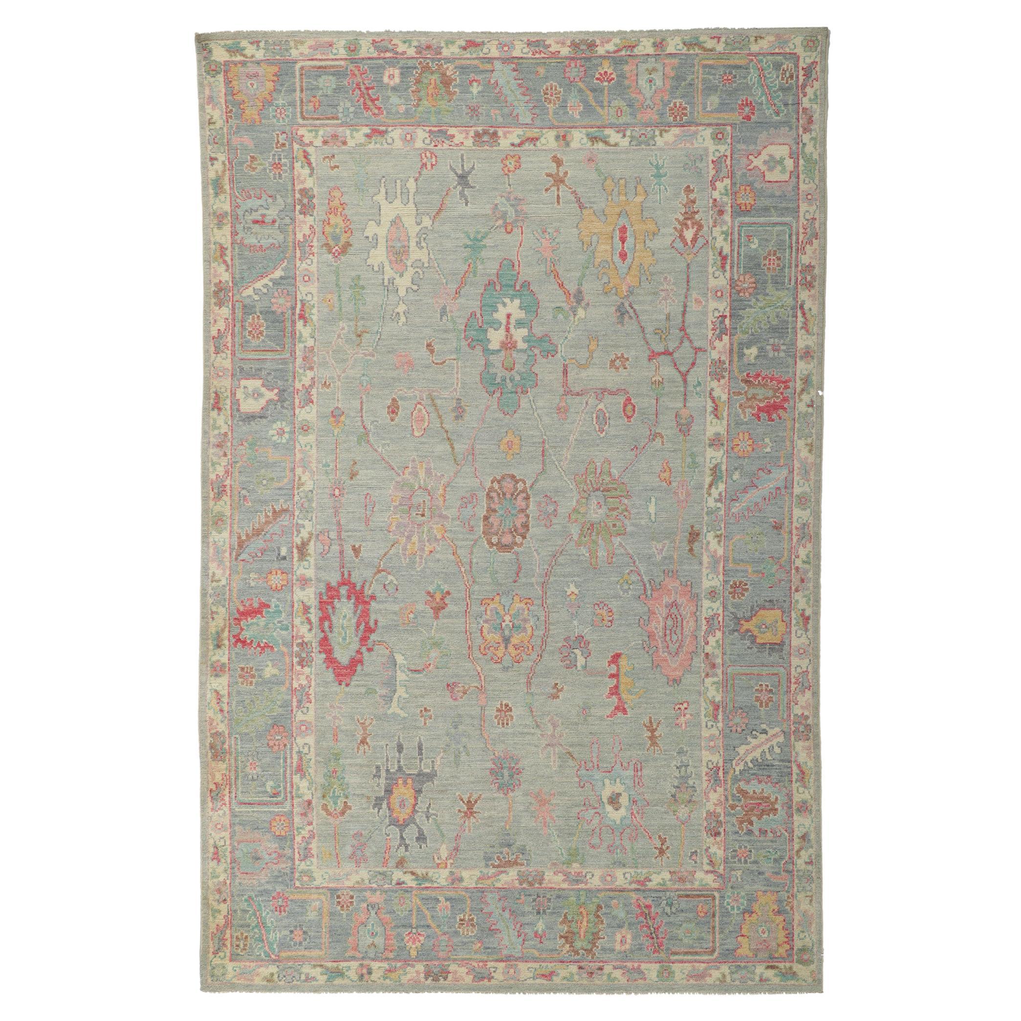Light Blue Oushak Rug with Soft Colors, Swedish Gustavian Meets Modern Style For Sale