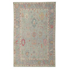 Light Blue Oushak Rug with Soft Colors, Swedish Gustavian Meets Modern Style