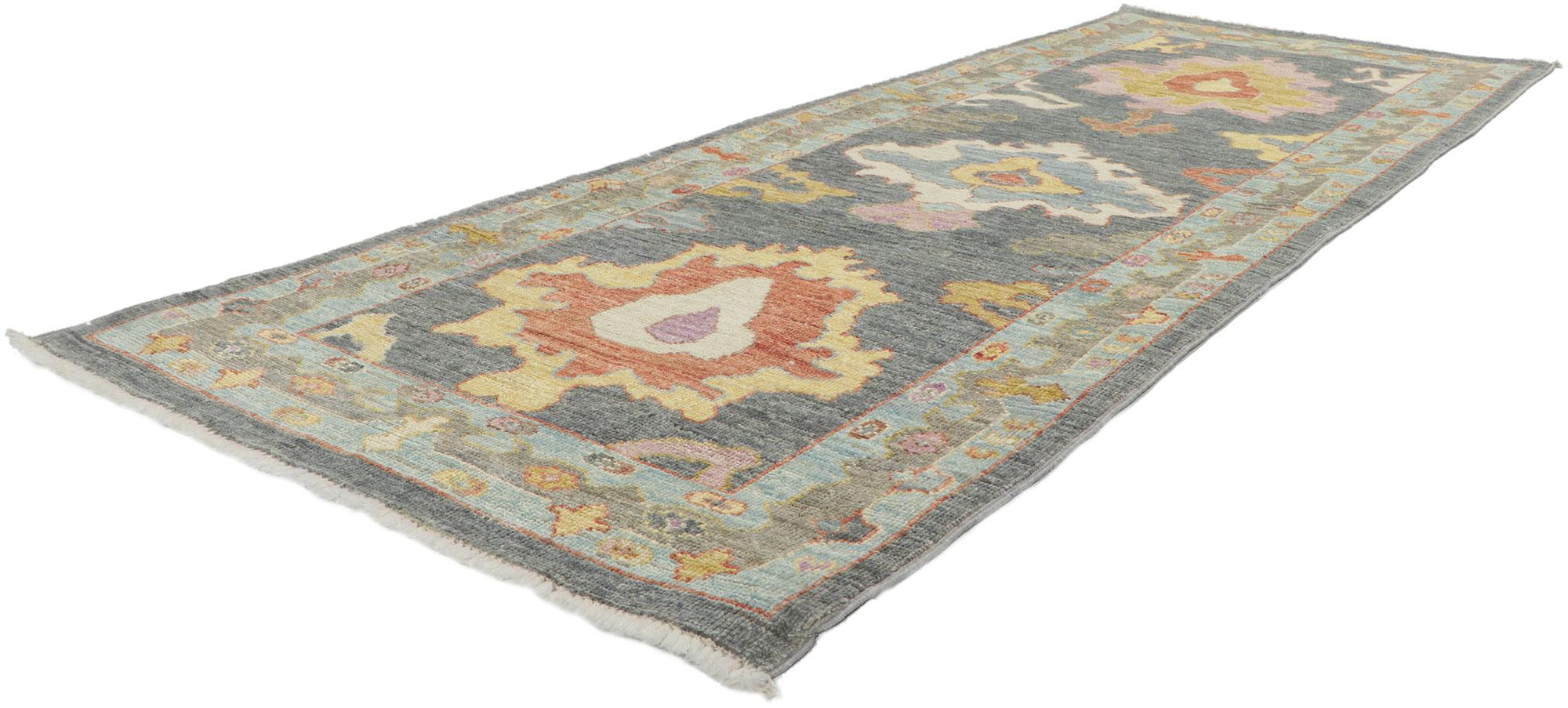 80967 New Modern Style Oushak runner with soft colors, 03'00 x 07'11. Serene and sophisticated, this hand-knotted wool contemporary Contemporary Oushak runner beautifully embodies a modern style. The composition features an all-over botanical
