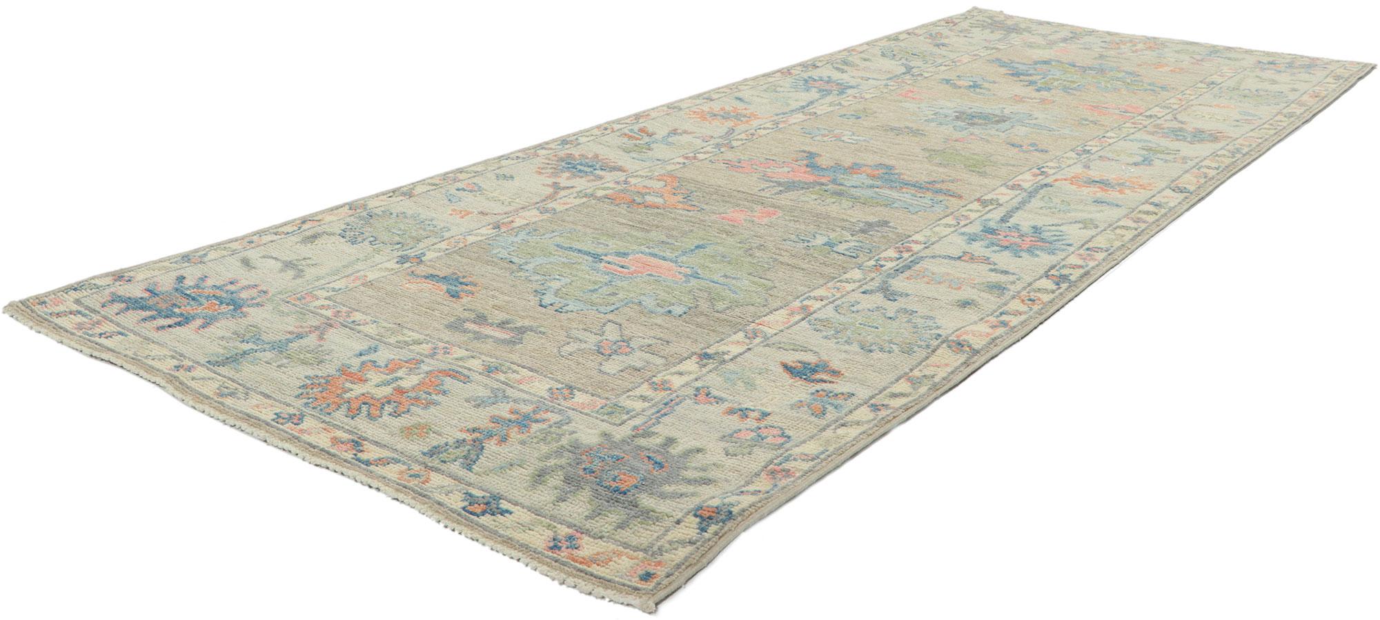 80856 new modern style oushak Runner with soft colors, 03'00 x 07'10. Serene and sophisticated, this hand-knotted wool contemporary Contemporary Oushak runner beautifully embodies a modern style. The composition features an all-over botanical