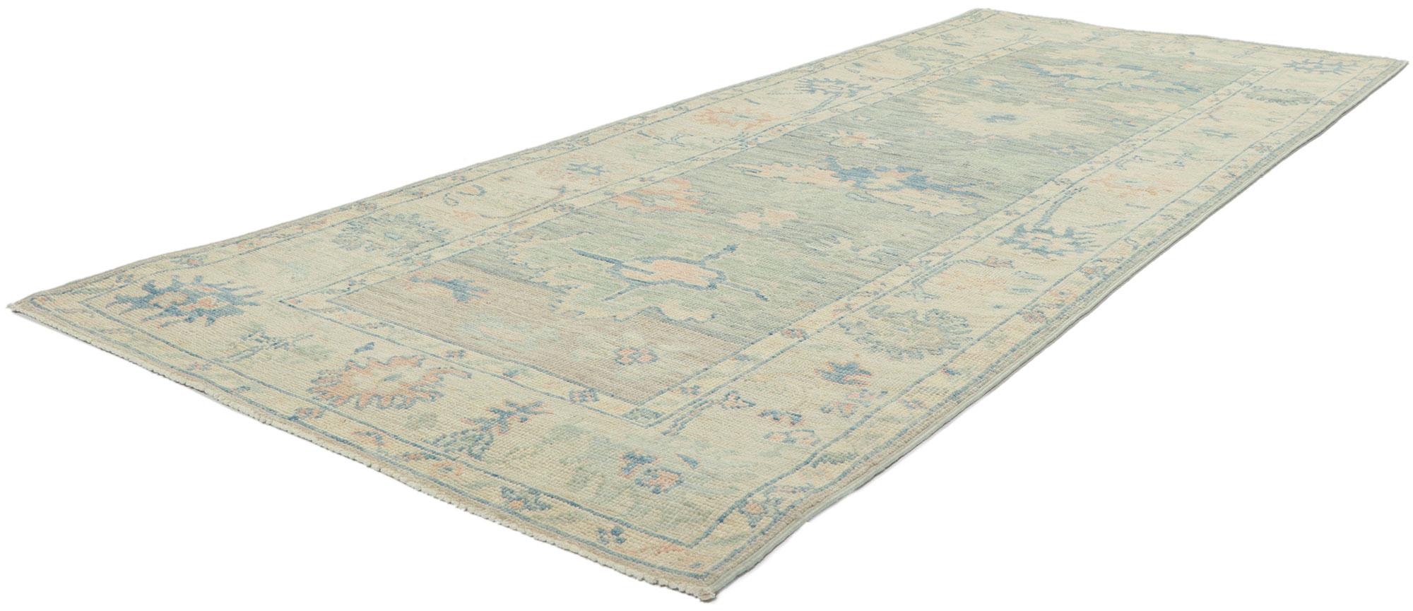 80854 New Modern Style Oushak runner with Soft Colors 03'01 x 07'11. Serene and sophisticated, this hand-knotted wool contemporary Contemporary Oushak runner beautifully embodies a modern style. The composition features an all-over botanical pattern