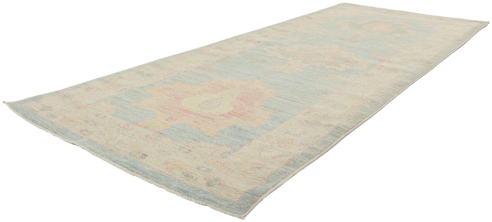 80853 New Modern Style Oushak runner with Soft Colors, 03'02 x 08'01. Serene and sophisticated, this hand-knotted wool contemporary Contemporary Oushak runner beautifully embodies a modern style. The composition features an all-over botanical