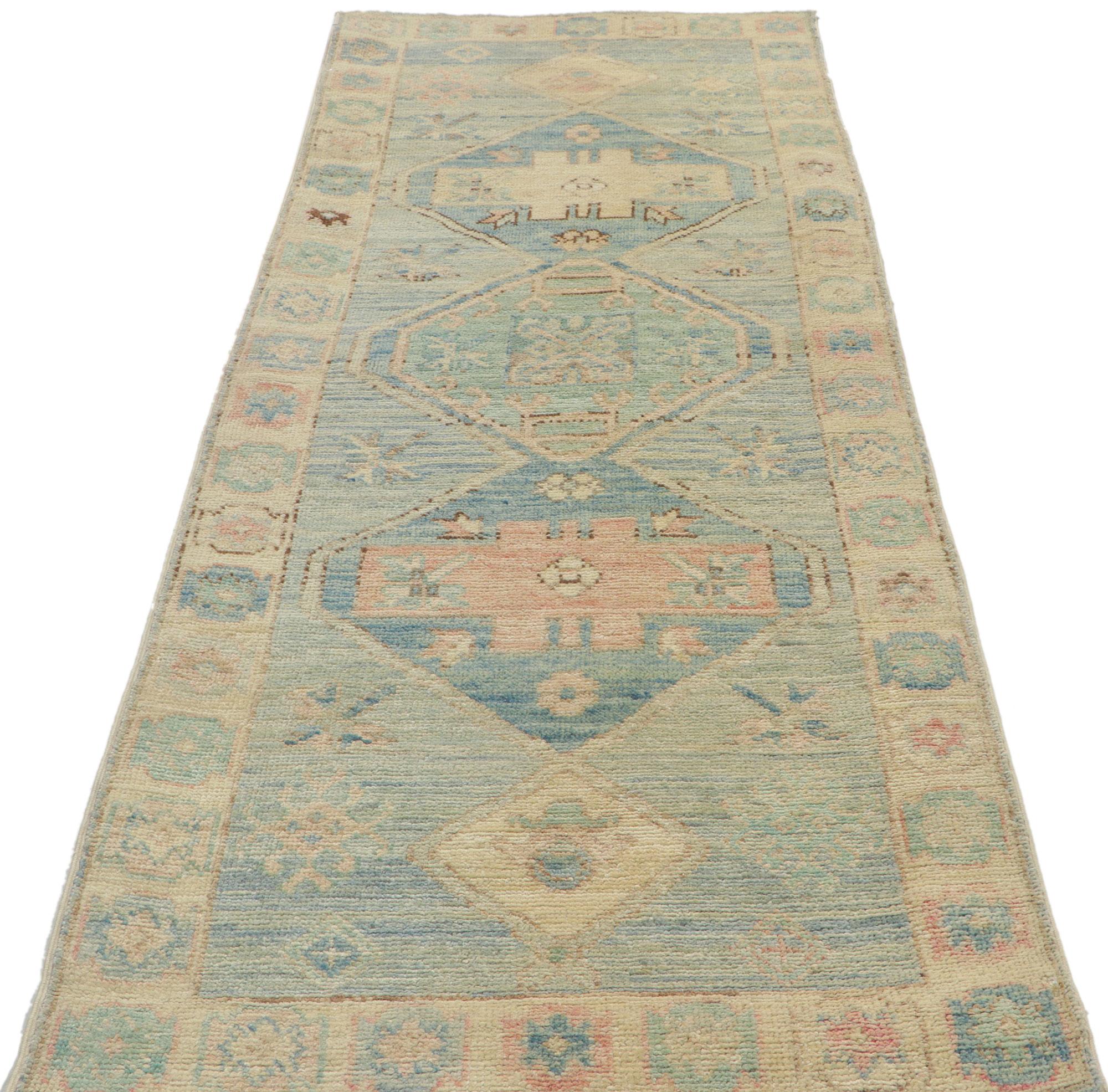 Hand-Knotted New Modern Style Oushak Runner with Soft Colors For Sale