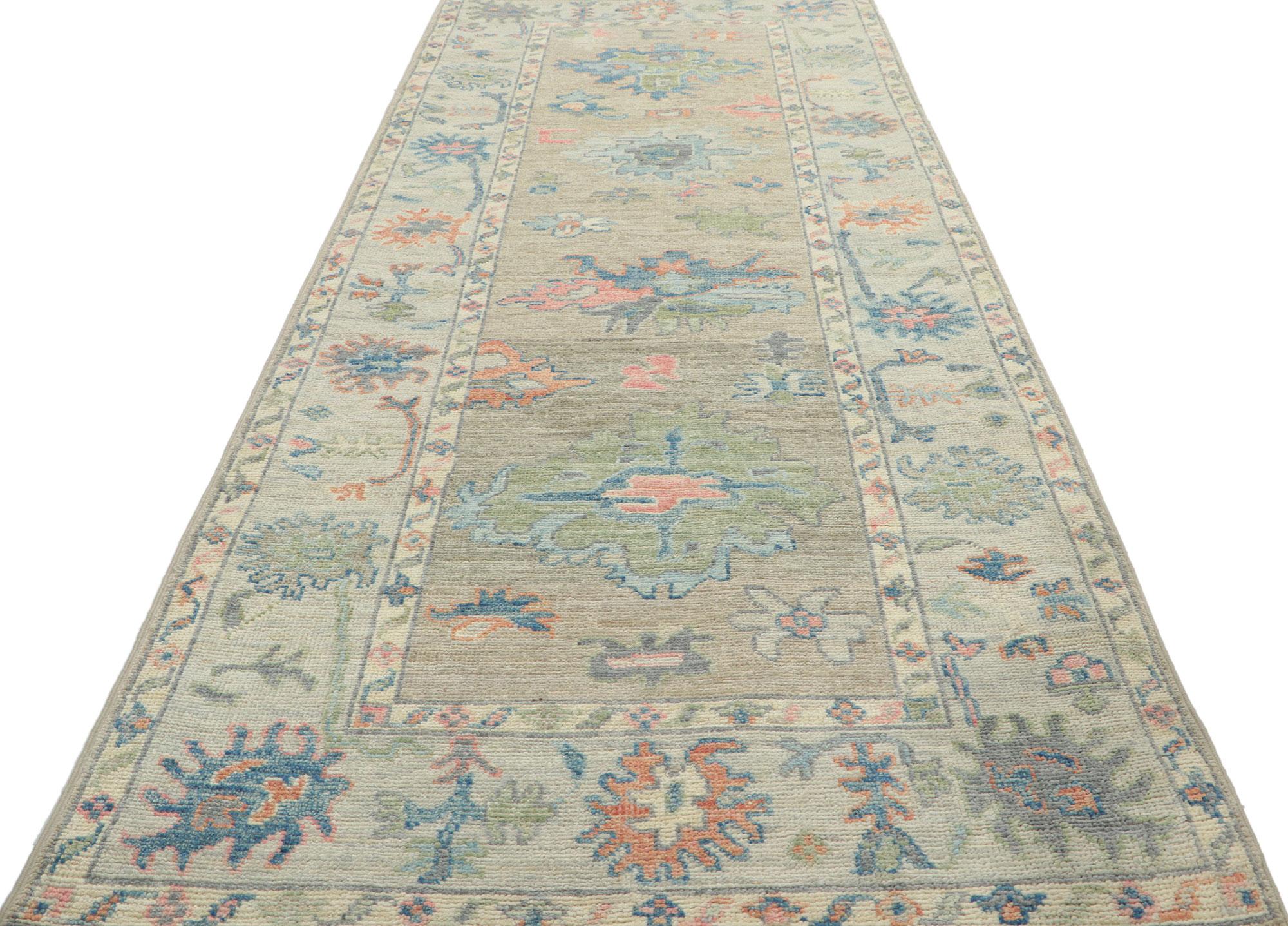 Hand-Knotted New Modern Style Oushak Runner with Soft Colors For Sale