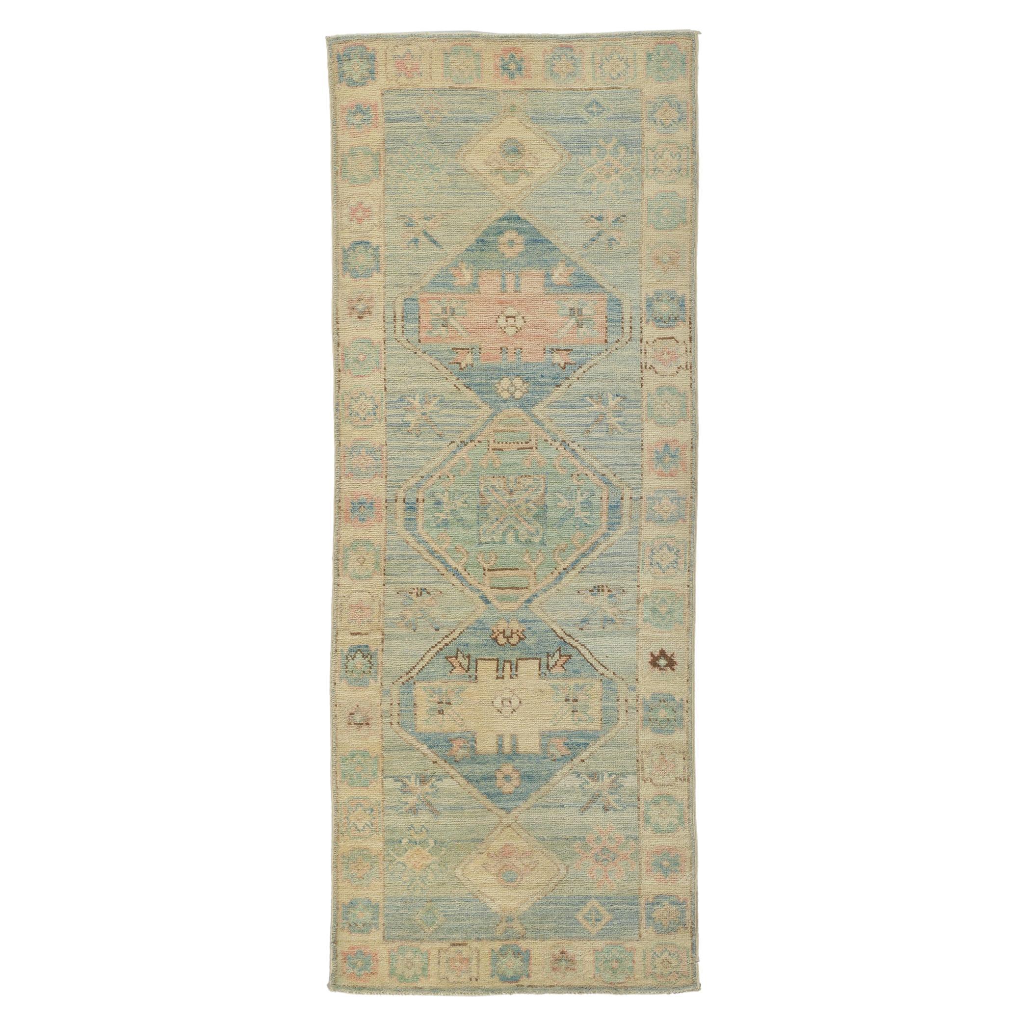 New Modern Style Oushak Runner with Soft Colors For Sale