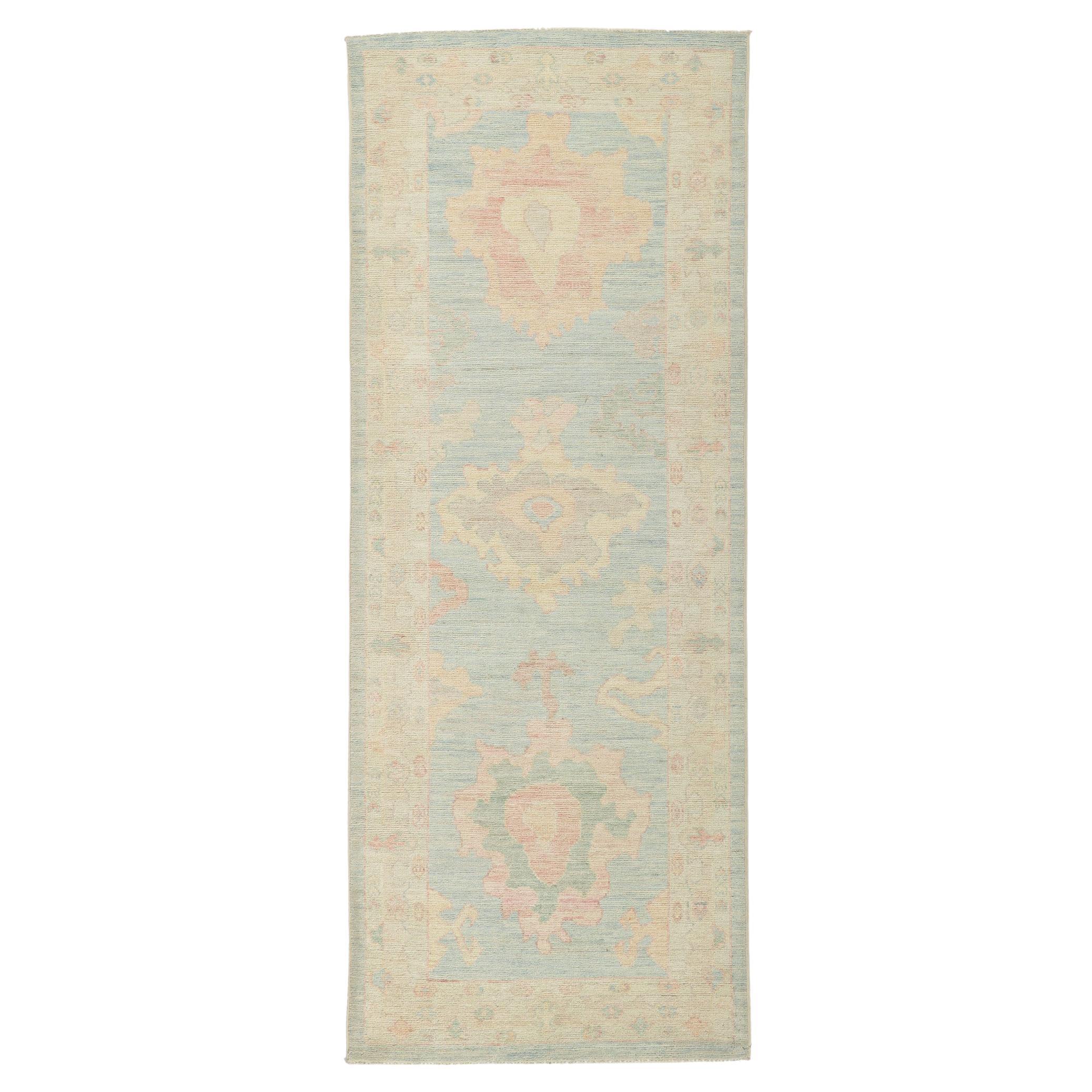 New Modern Style Oushak Runner with Soft Colors For Sale
