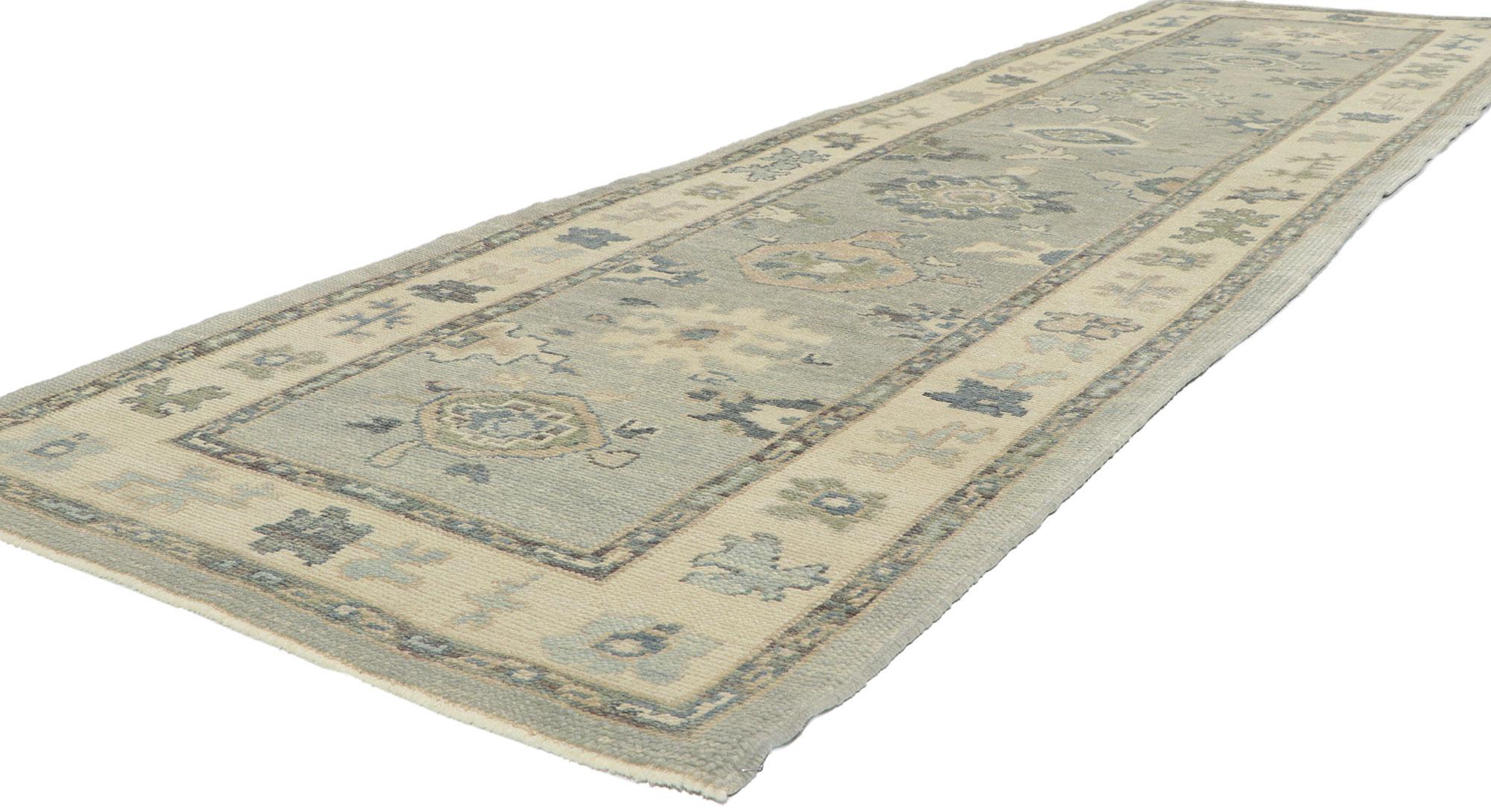 53788 New Contemporary Turkish Oushak Hallway Runner with Modern Style 03'02 x 11'01. This hand-knotted wool contemporary Turkish Oushak runner features an all-over botanical pattern composed of amorphous organic motifs spread across an abrashed