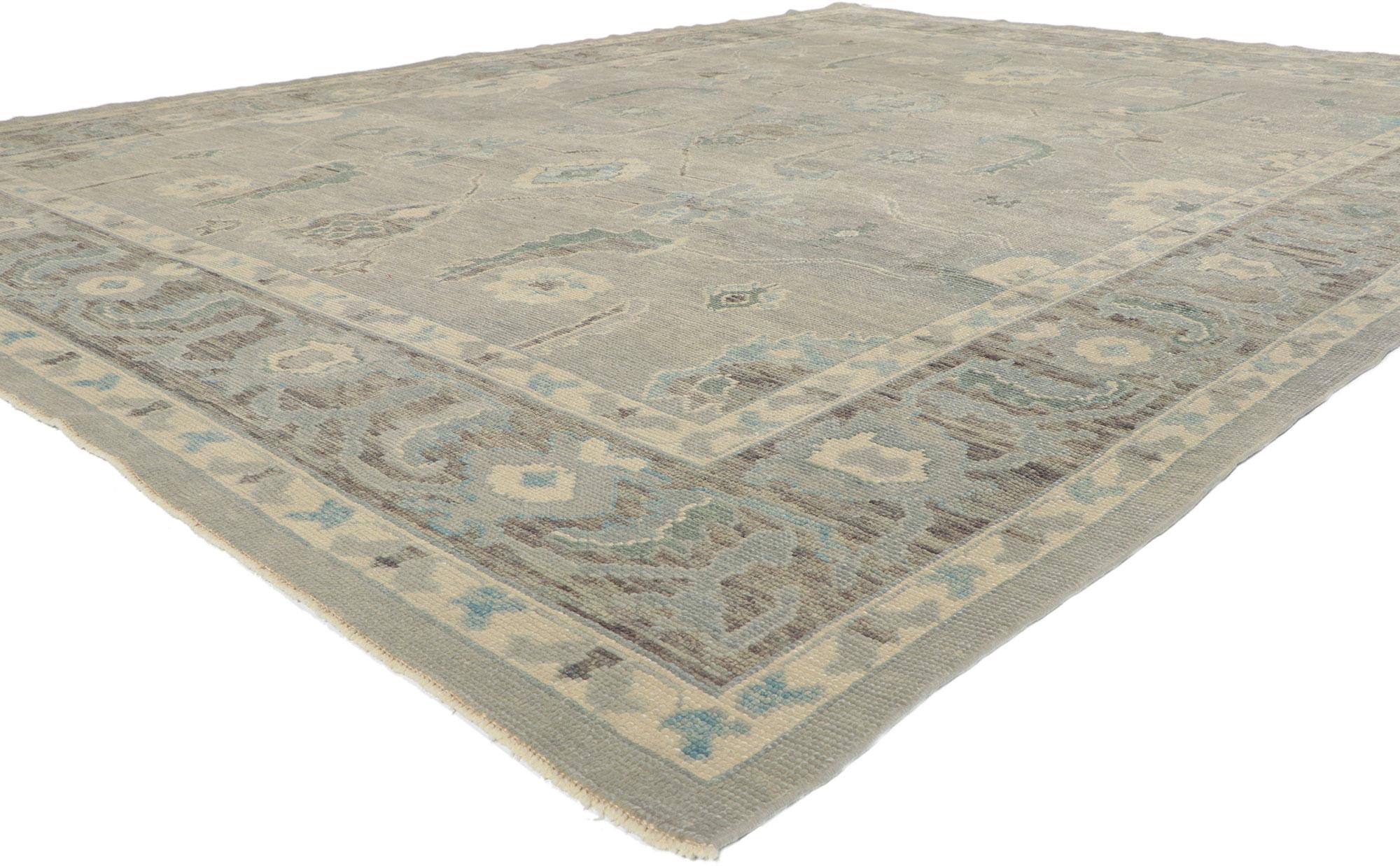 53803 new Turkish Oushak rug with Modern style, 09'05 x 12'06. Polished and playful, this hand-knotted wool contemporary Turkish Oushak rug beautifully embodies a modern style. The abrashed gray field features an array of Harshang motifs, serrated