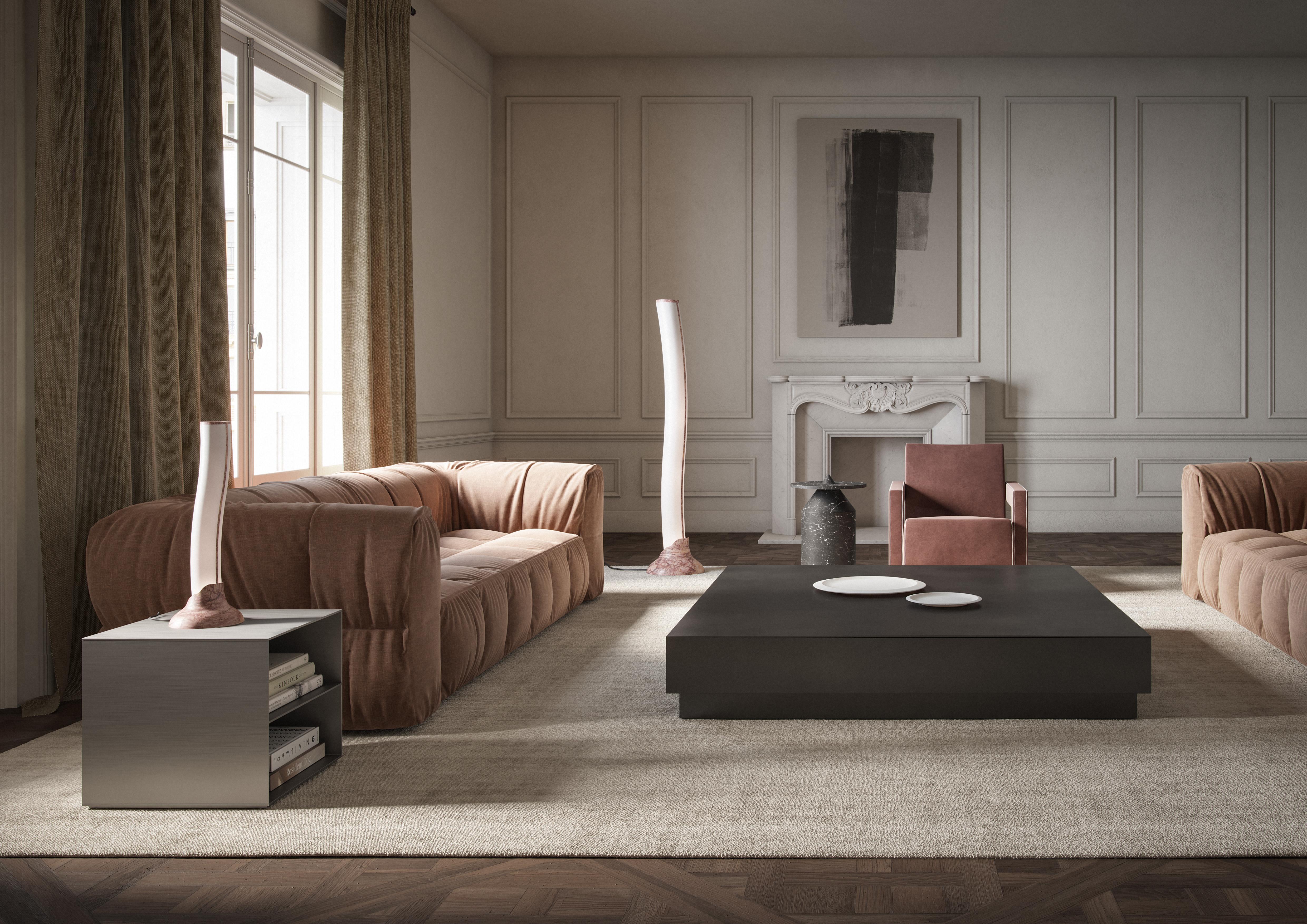 Floor lamp in white Michelangelo and Fior di Pesco Carnico Marbles.

Vibrations of light and matter
“The sculptor doesn’t try to translate his thought into marble: he thinks in marble, directly, as if everything were already marble,” wrote André