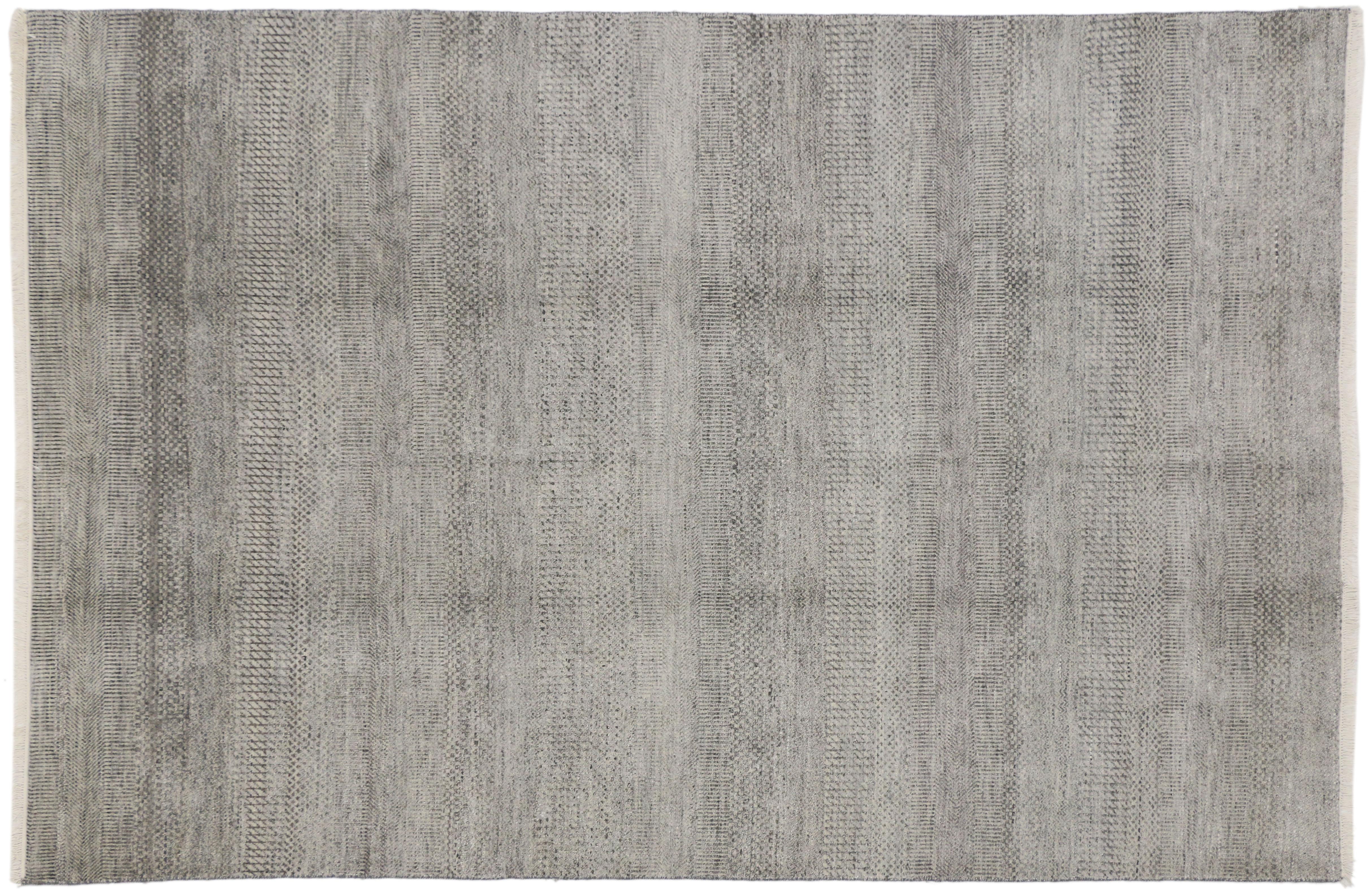 ​​30146 New Contemporary Transitional Gray Area Rug with Minimalist International Style 05'09 x 08'08. ​Striking in its style and delicate beauty, this transitional area rug features a subtle geometric pattern and striated gradations of gray hues