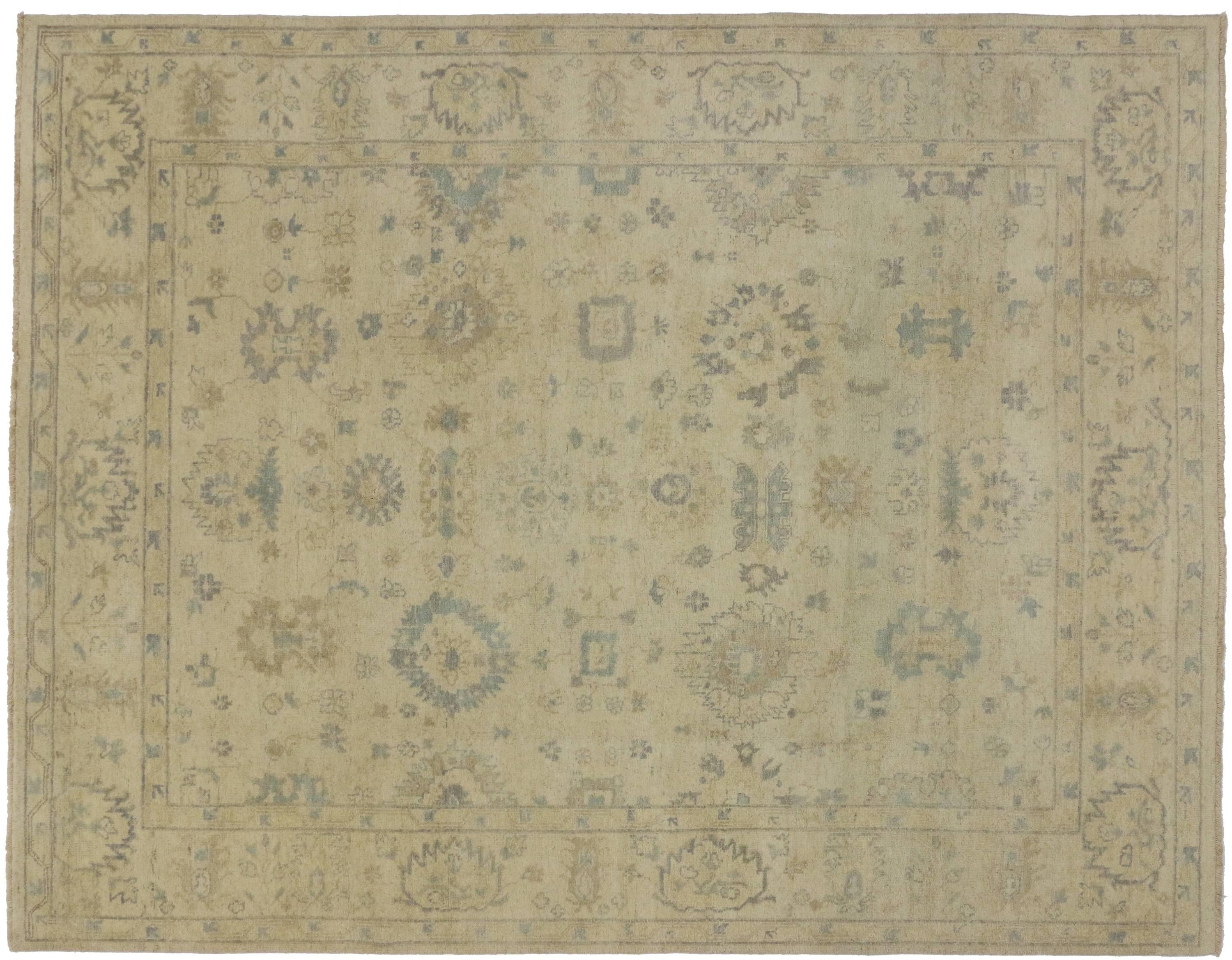 Indian New Contemporary Oushak Area Rug with Coastal Cottage Style For Sale