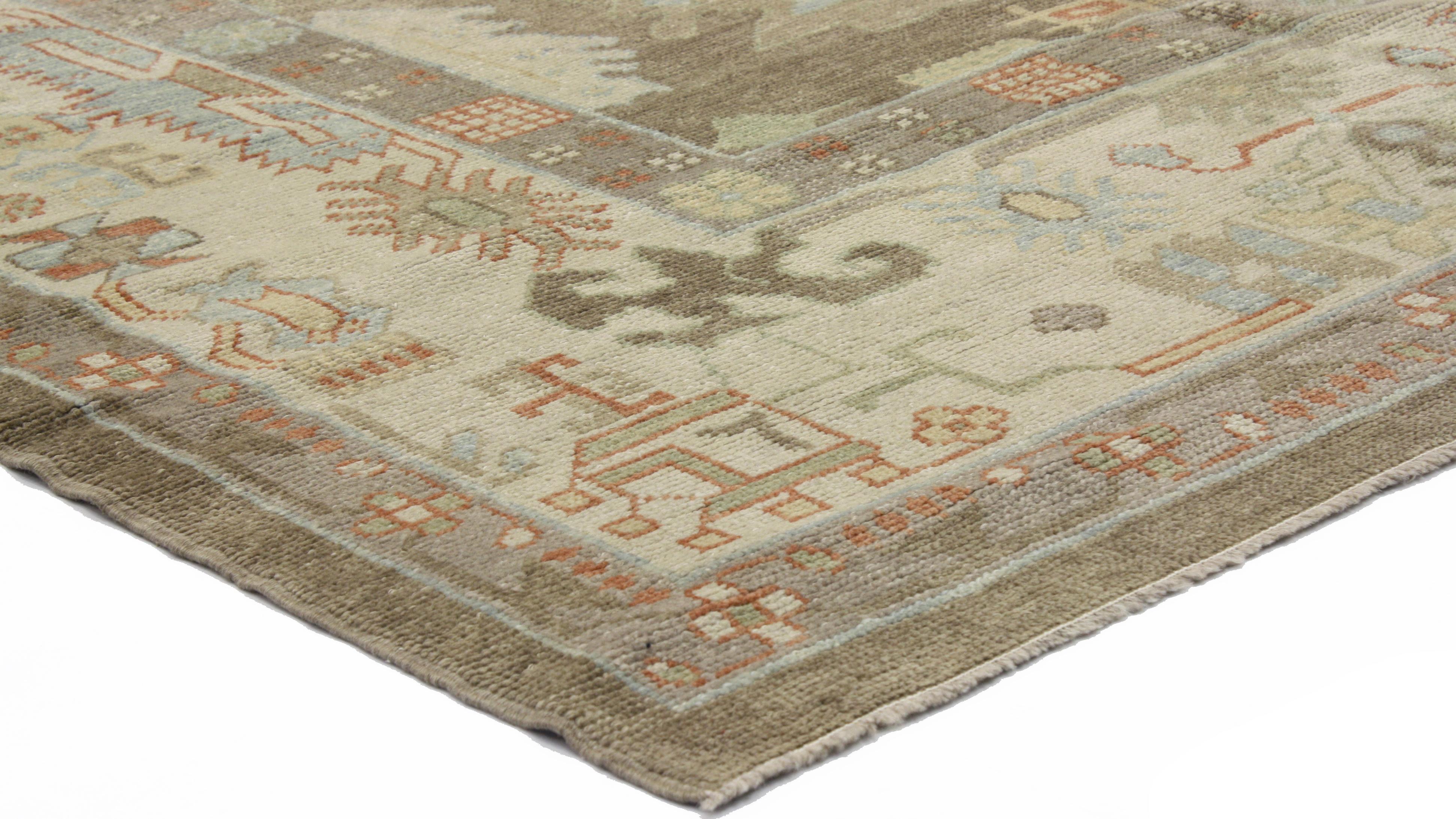 New Modern Turkish Oushak Area Rug with Transitional Style with a Pop of Color For Sale 3