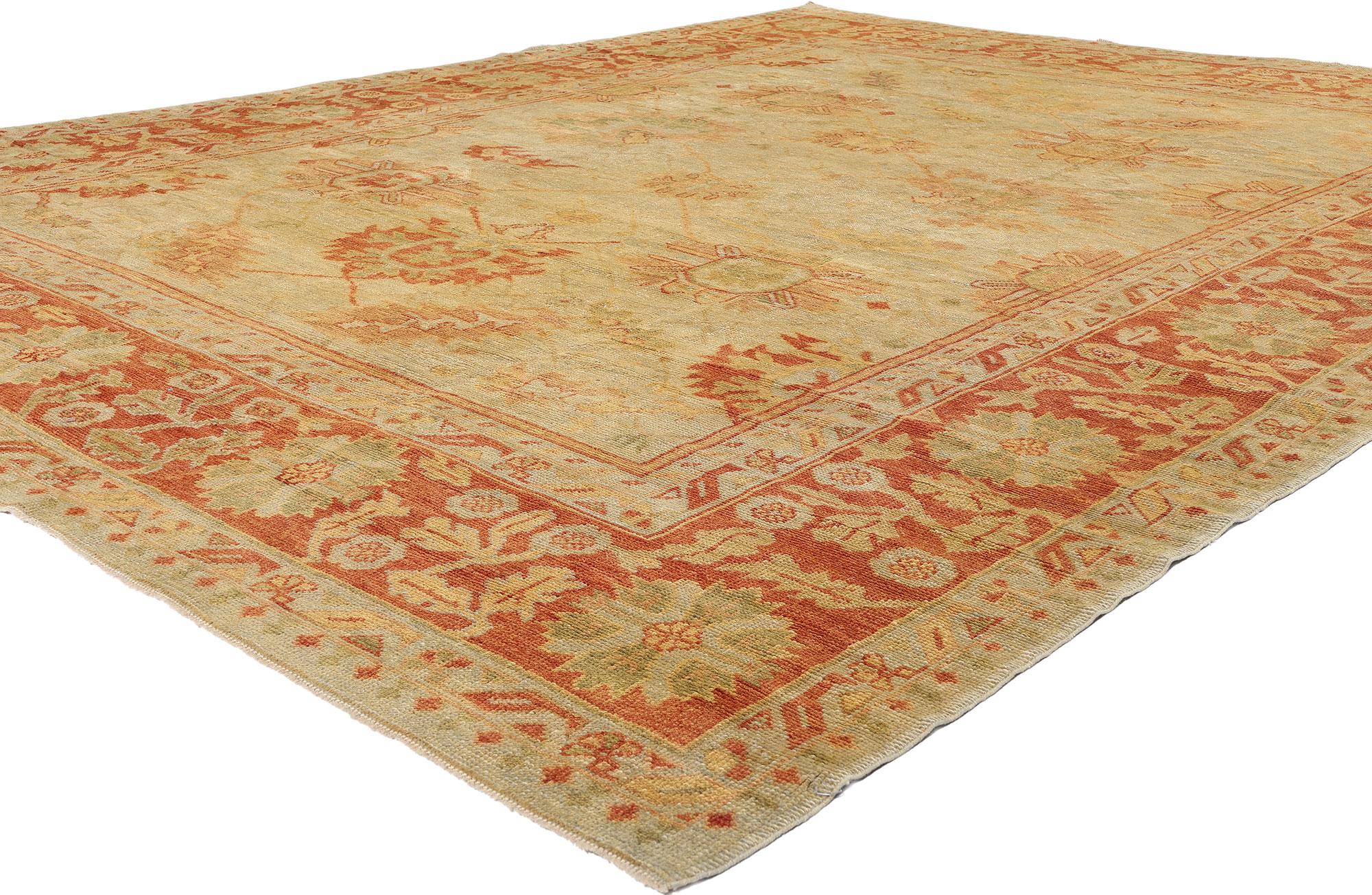 50368 New Modern Turkish Oushak Rug, 10’06 x 13’07. Steeped in the grandeur of Anatolian tradition yet effortlessly attuned to modern sensibilities, this hand-knotted wool Turkish Oushak rug is a radiant homage to centuries-old weaving artistry. The