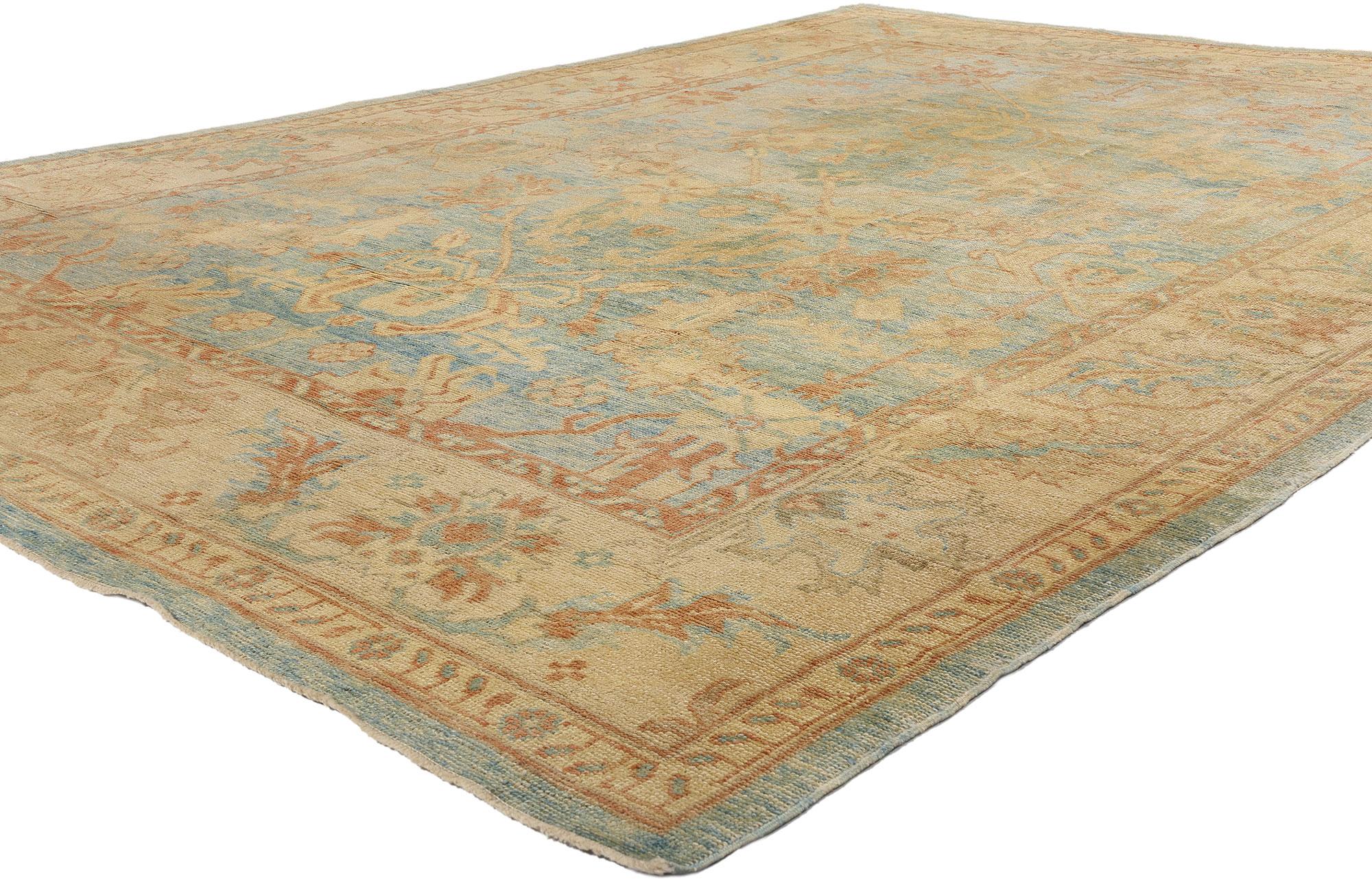 76891 New Modern Azure Turkish Oushak Rug, 09'02 x 12'11. Awash in the serenity of sunlit skies and ancient sands, this hand knotted wool modern Turkish Oushak rug carries the whisper of antiquity in its every thread. Woven with time-honored