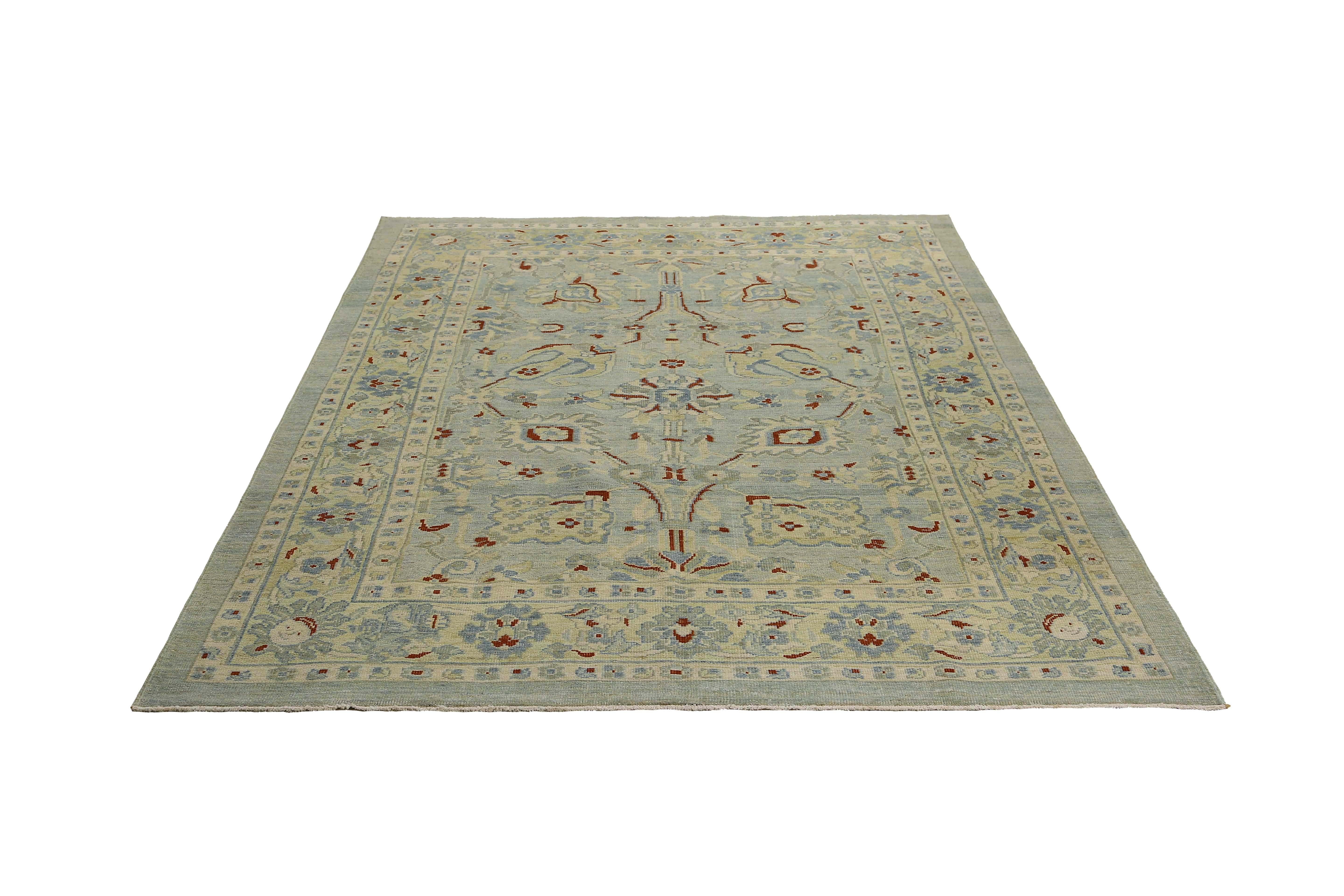 Afghanistan Sultanabad Area Rugs Circa 1990 - Wool Green Light Blue Red - 95558 In Excellent Condition For Sale In Dallas, TX