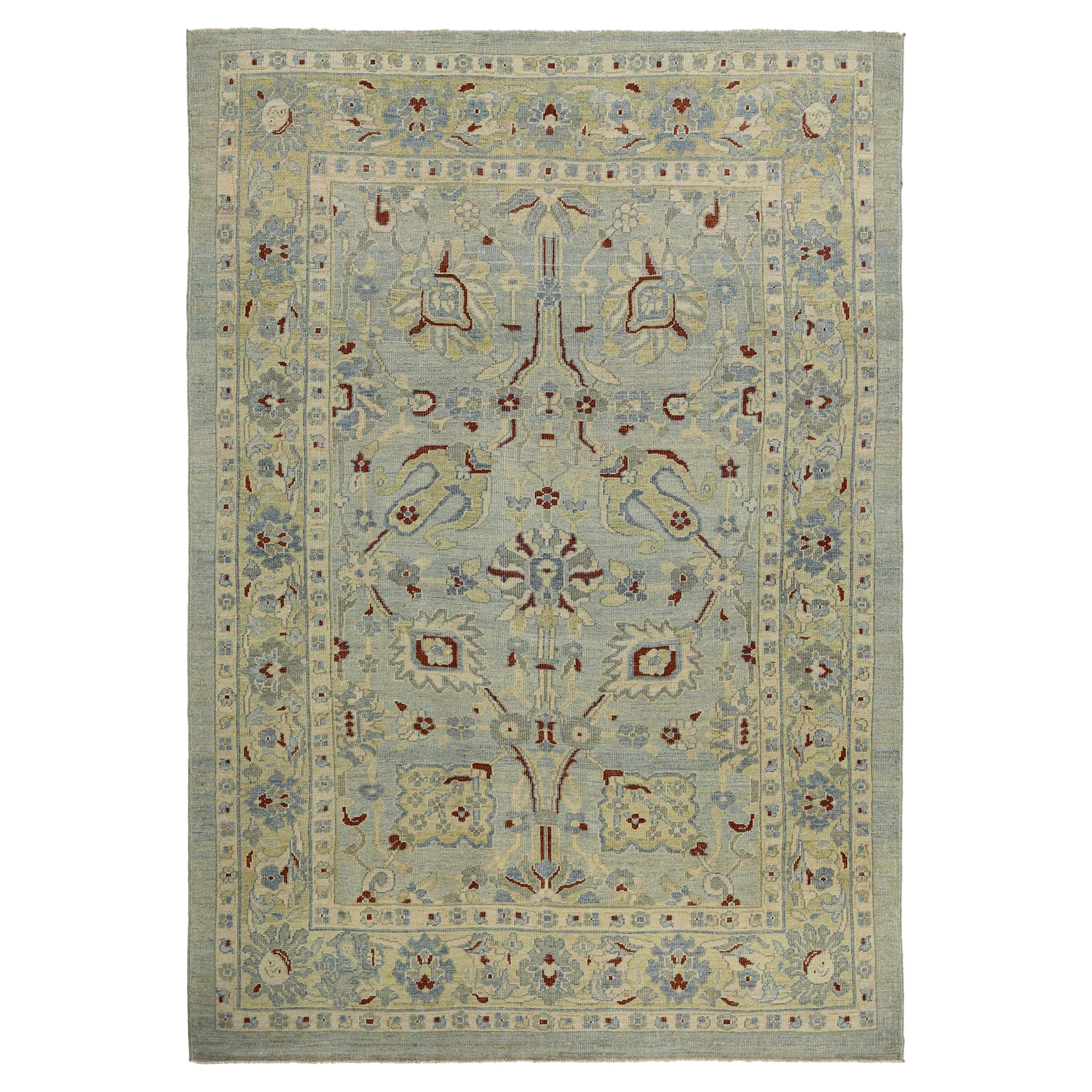 Afghanistan Sultanabad Area Rugs Circa 1990 - Wool Green Light Blue Red - 95558 For Sale