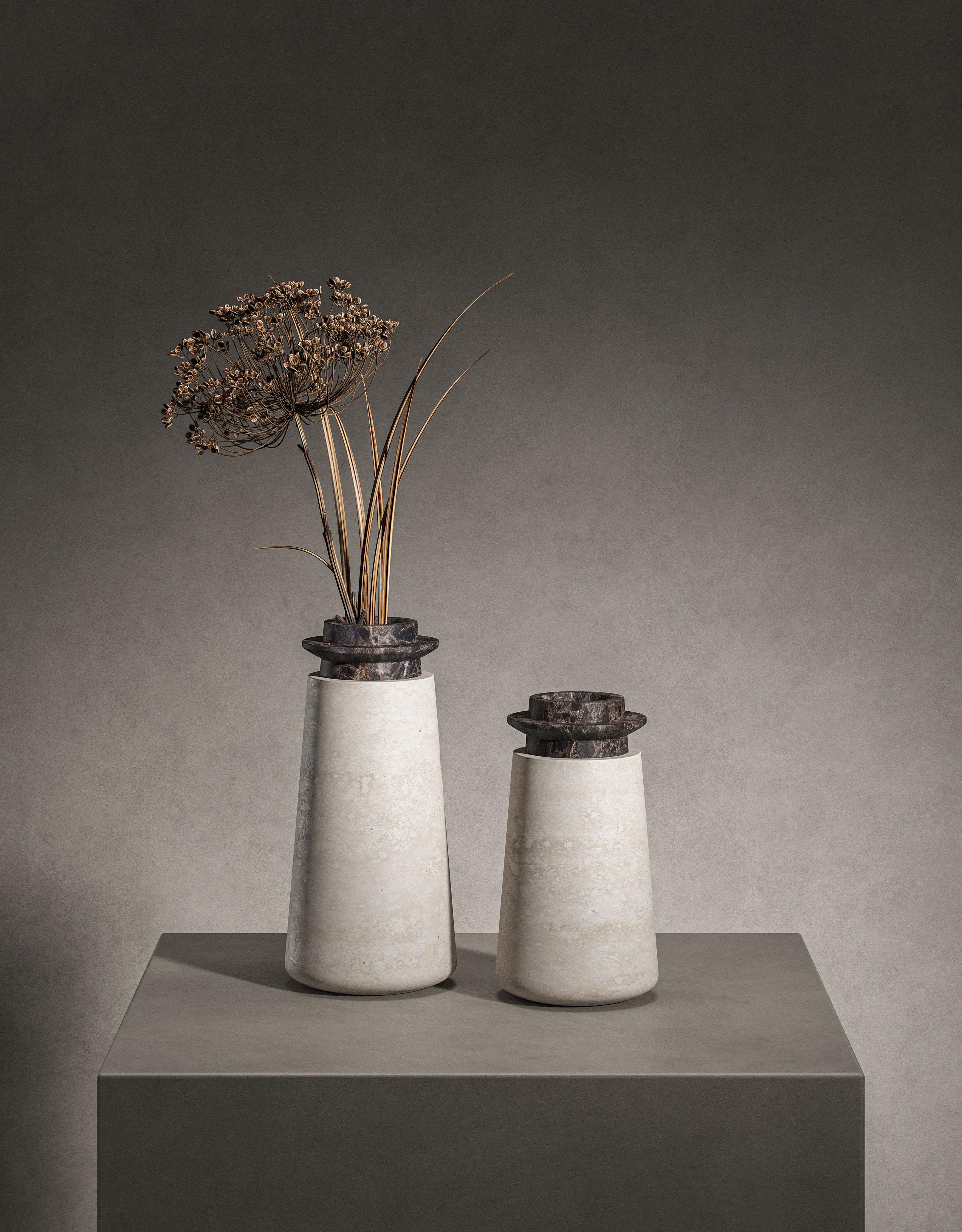 Italian New Modern Vase in Travertine and Marble, Designer Ivan Colominas STOCK