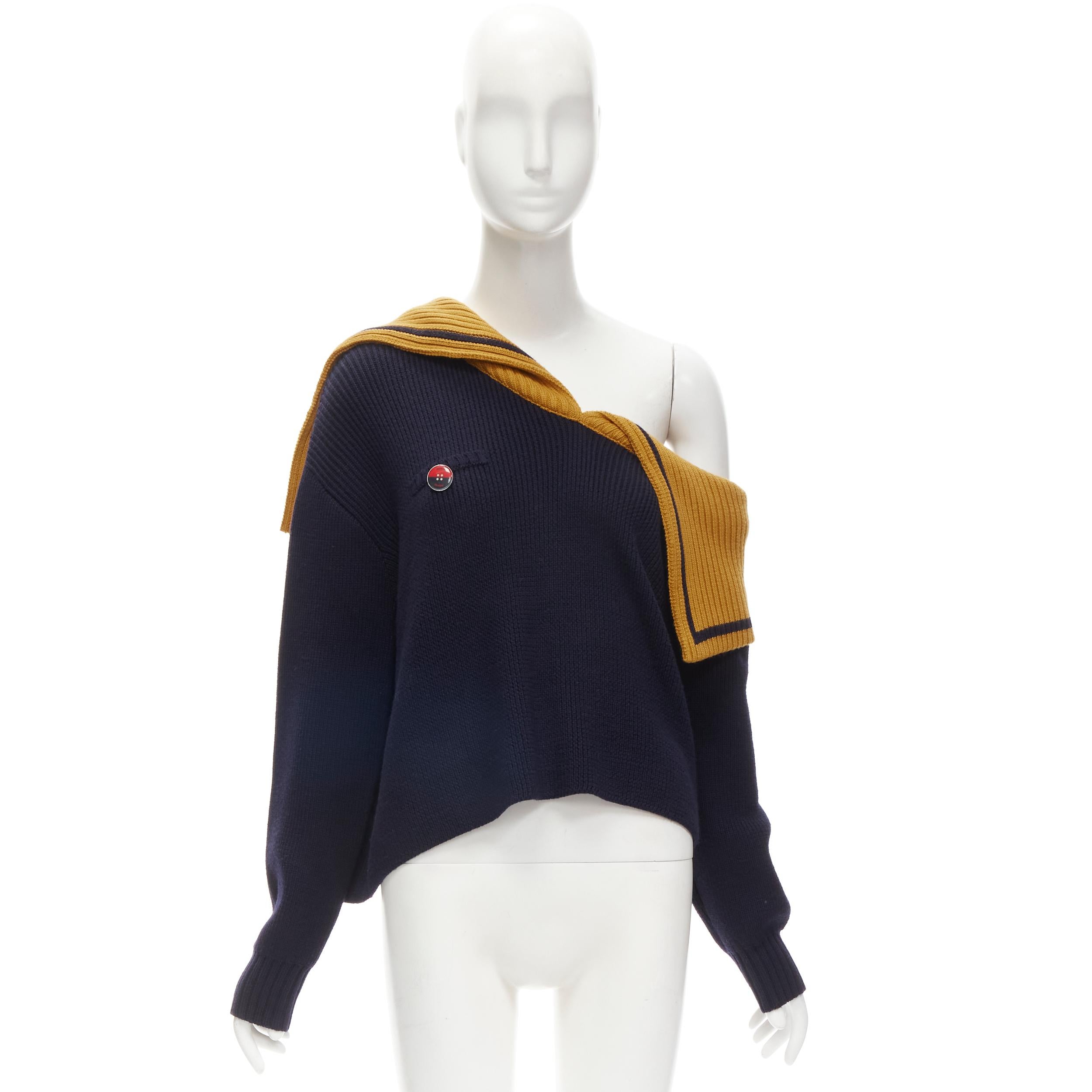 new MONSE 100% wool navy yellow off shoulder sailor collar sweater M 6