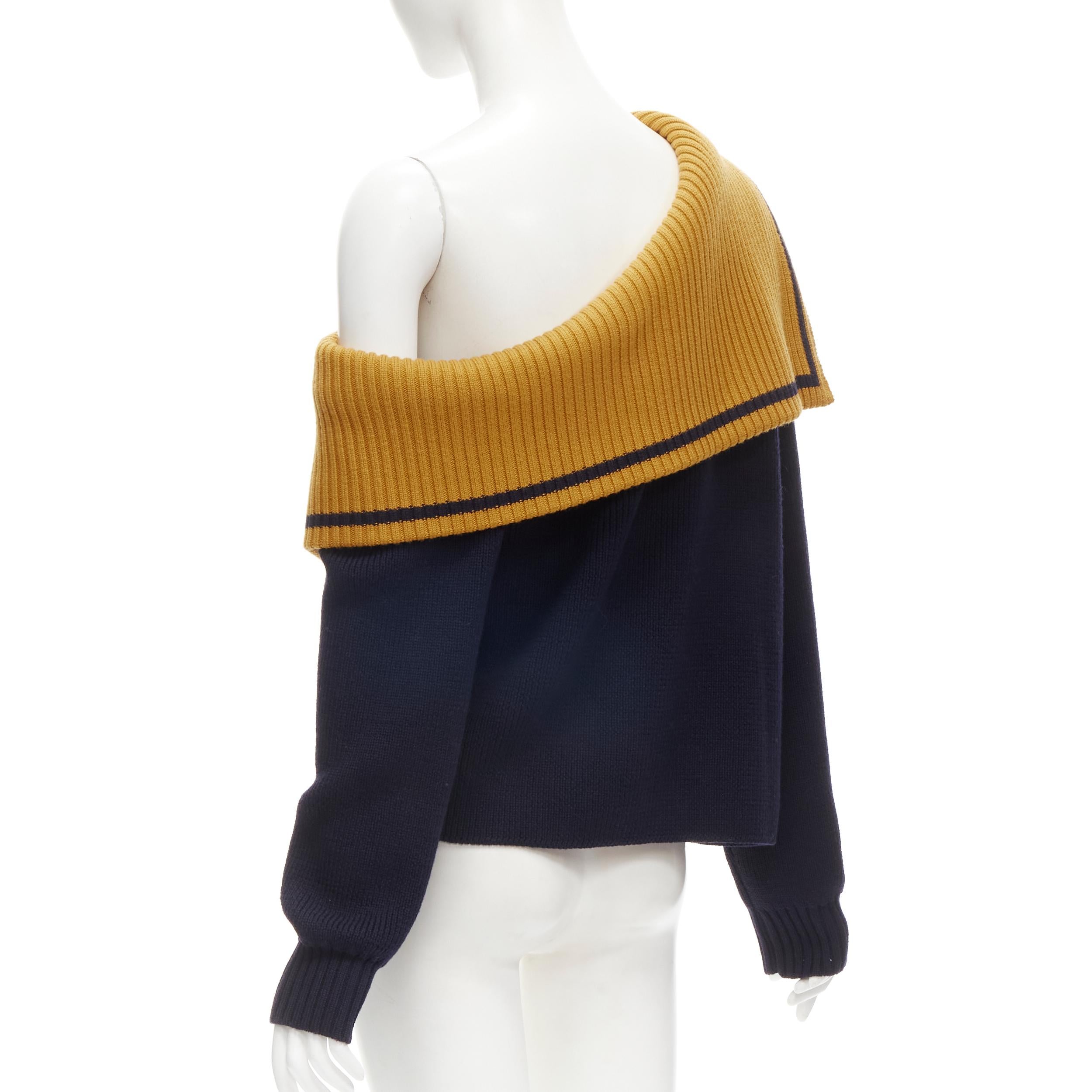 new MONSE 100% wool navy yellow off shoulder sailor collar sweater M 2