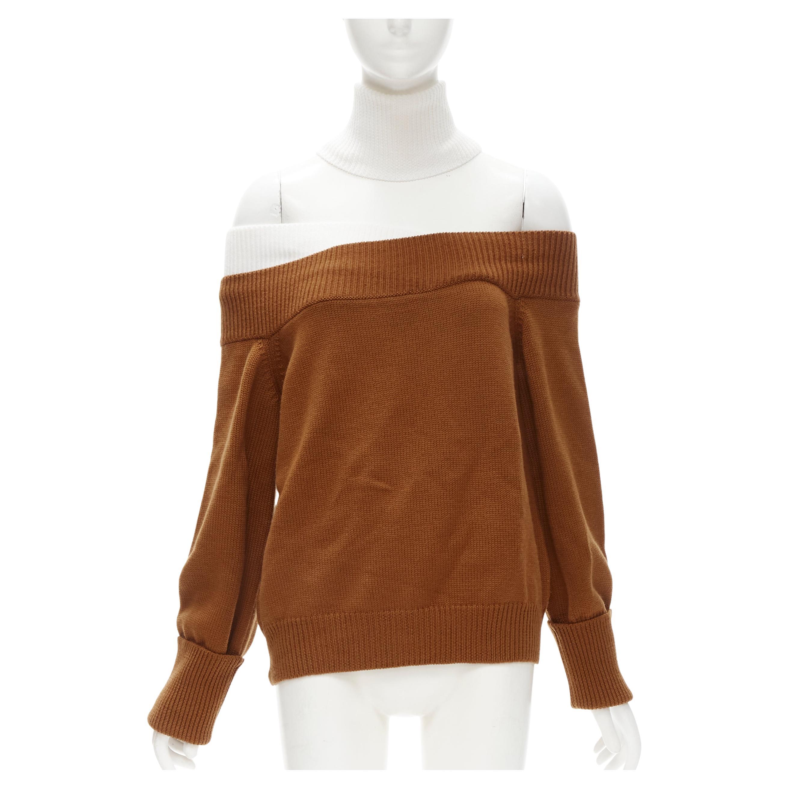 new MONSE merino wool black brown slash off shoulder turtleneck collar sweater M For Sale