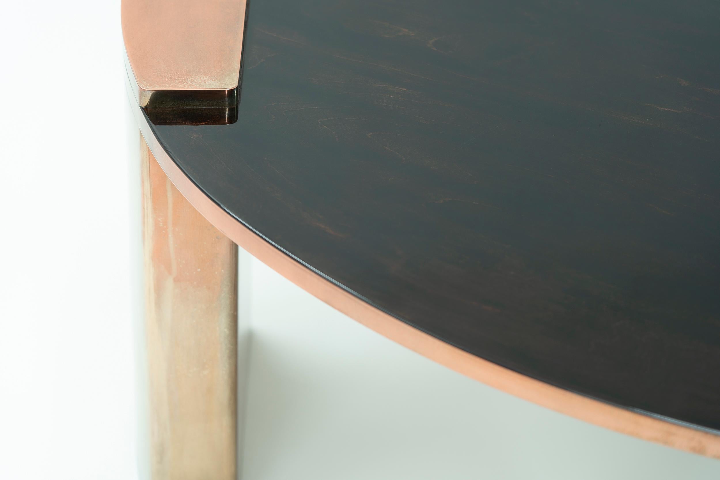 European New Moon, 21st Century Lacquered Mahogany and Silvered Copper Luxury Low Table For Sale