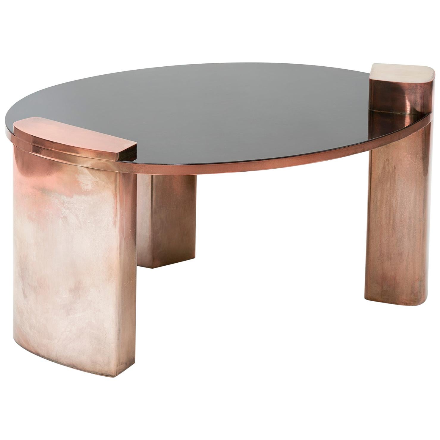 New Moon, 21st Century Lacquered Mahogany and Silvered Copper Luxury Low Table For Sale