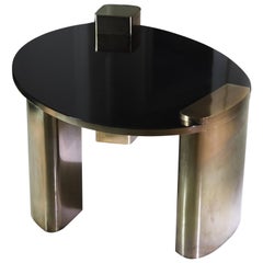 New Moon Hand-Patinated Brass and Wood Veneer Cocktail Coffee Table