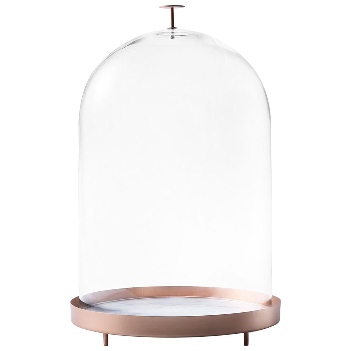 New Moon Small Glass Bell with Copper and Carrara Marble Tray by Elisa Ossino