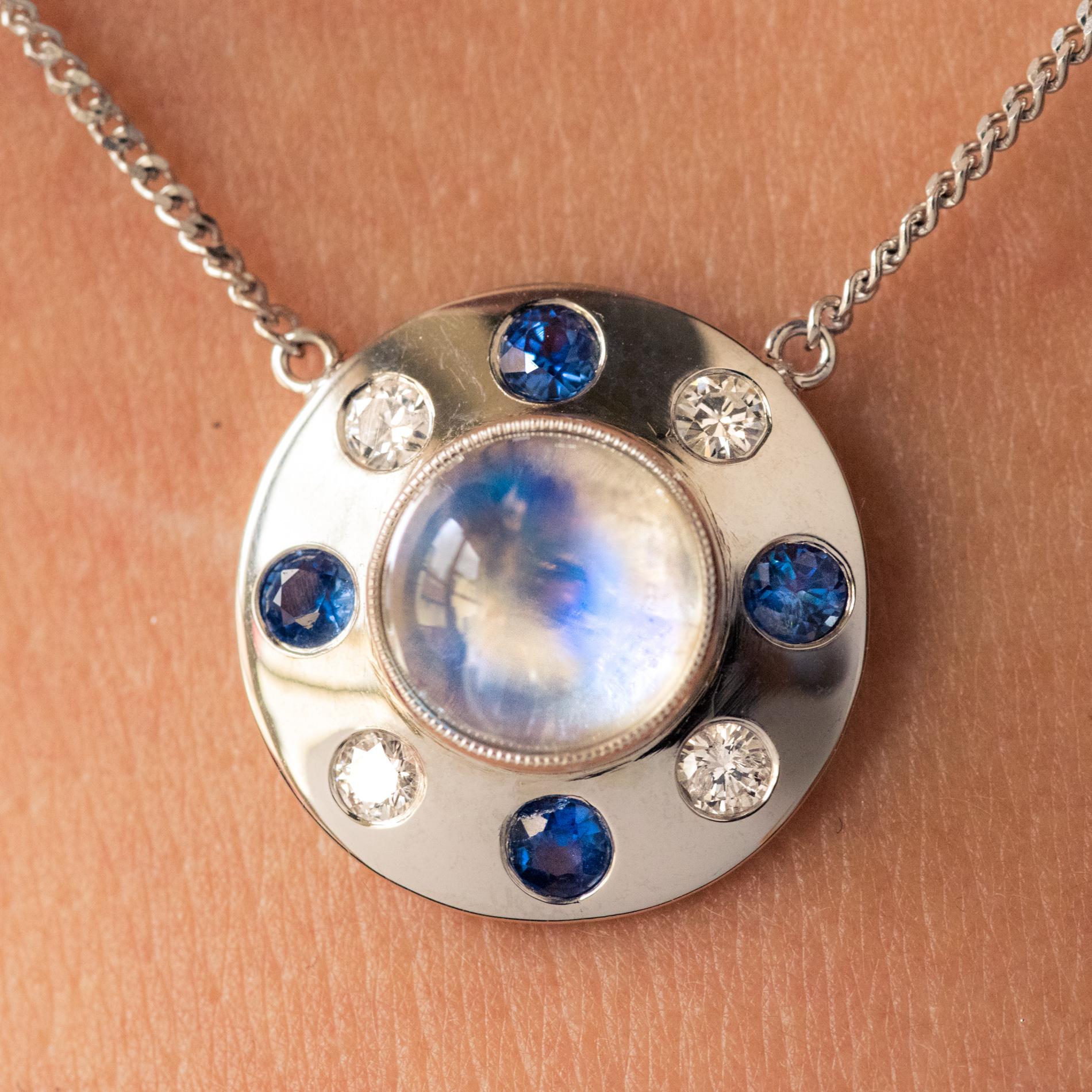 Modern Moonstone Sapphires Diamonds 18 Karat White Gold Necklace For Sale