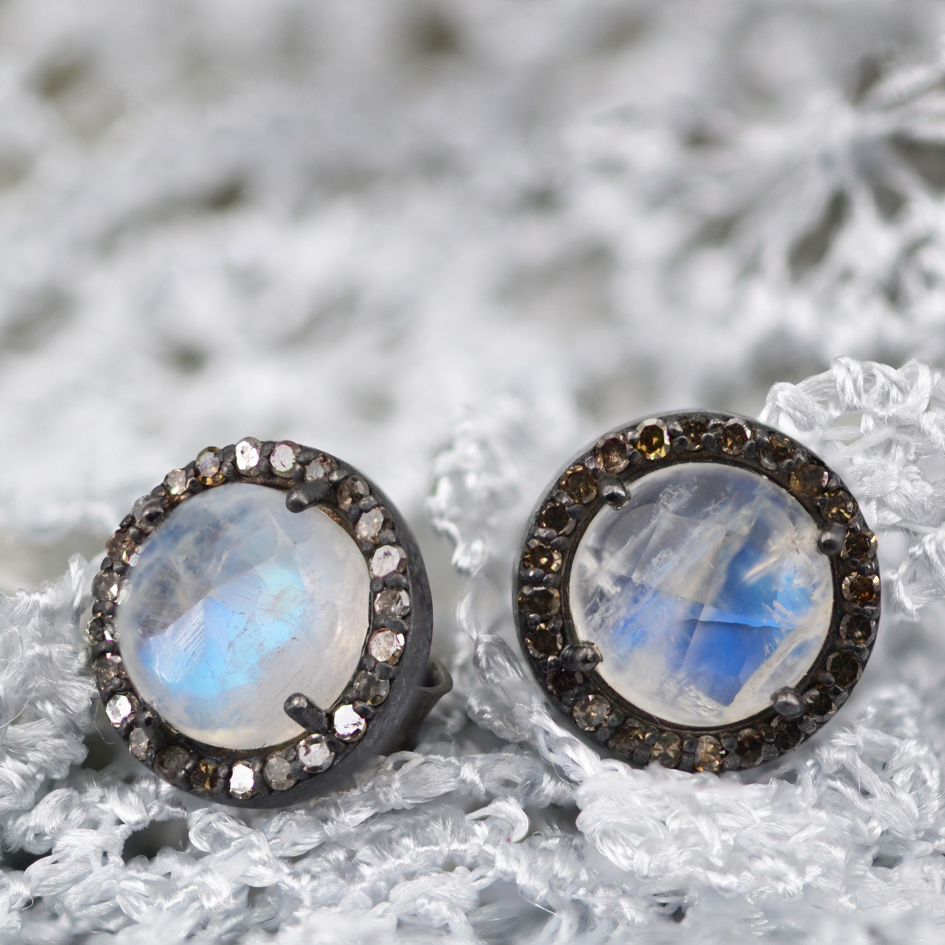 Modern New Moonstones Diamond Silver Round Shape Stud Earrings