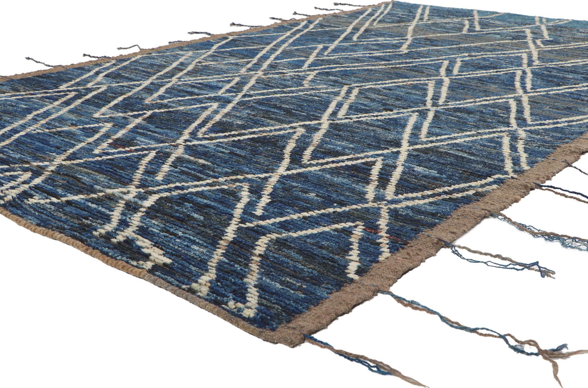 80821 Modern Earth-Tone Moroccan Area Rug with Short Pile, 05'08 x 08'10. In the veiled realm of contemporary allure, behold the mystique embodied in this hand-knotted wool masterpiece—an enchanting Moroccan rug that transcends time with its modern