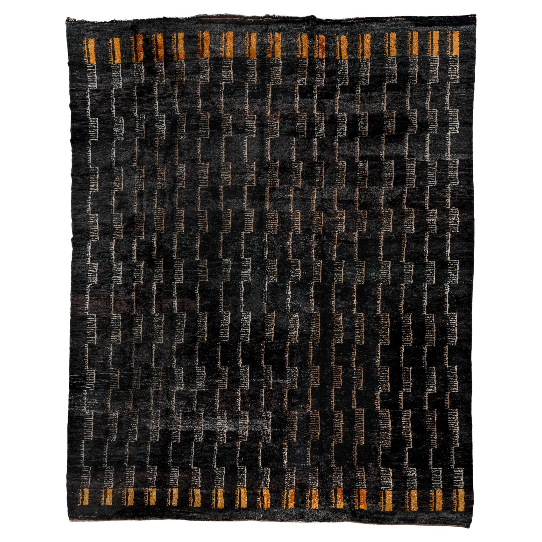 New Moroccan Berber Rug with Black background and Gray Details For Sale