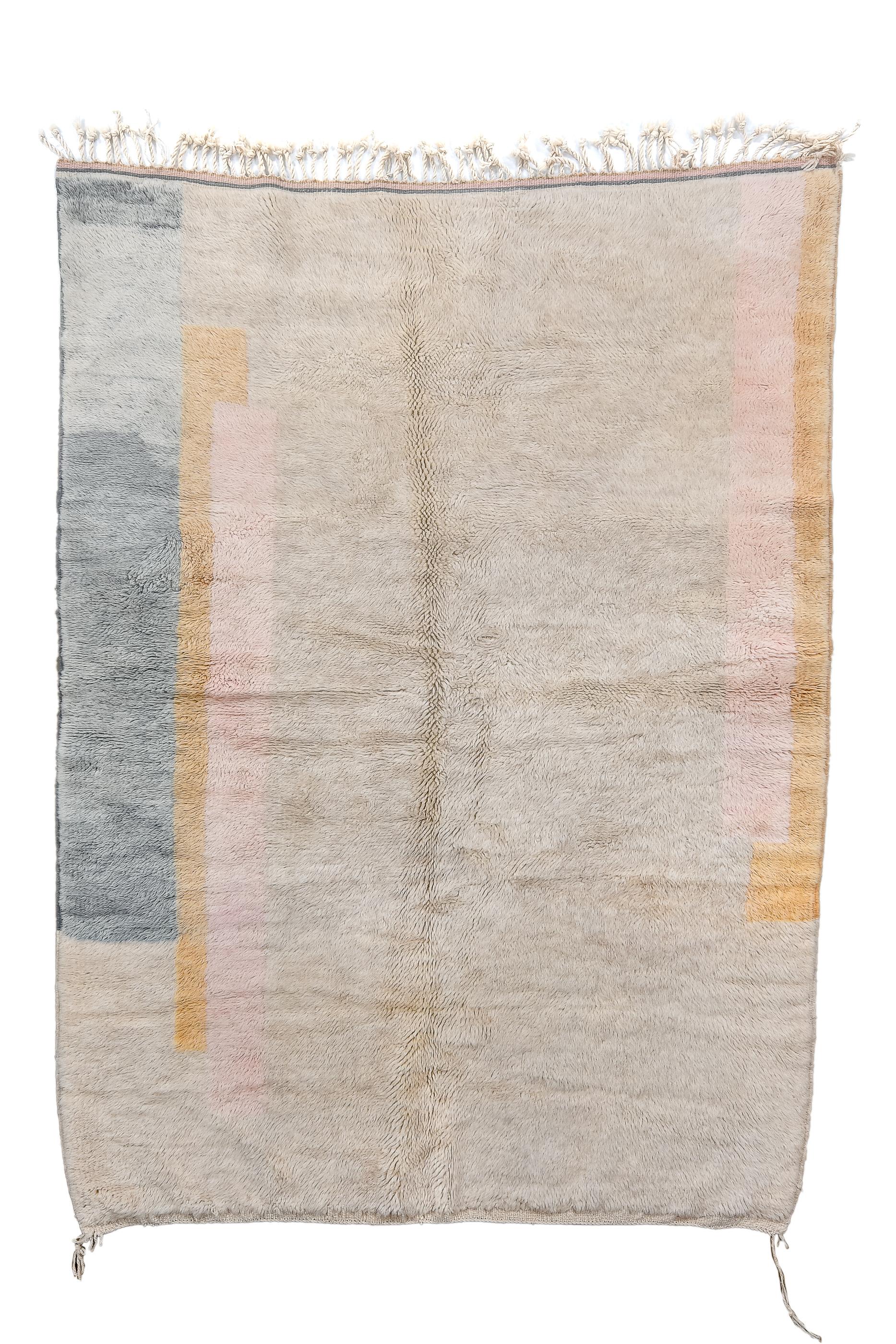 The modernist, abstract rug shows a predominantly beige field, with a partial side strip in plain old gold, another towards one side similar, and a patch of blue-grey alongside it.  Flatwoven ends, including one with tassels. Good condition, coarse