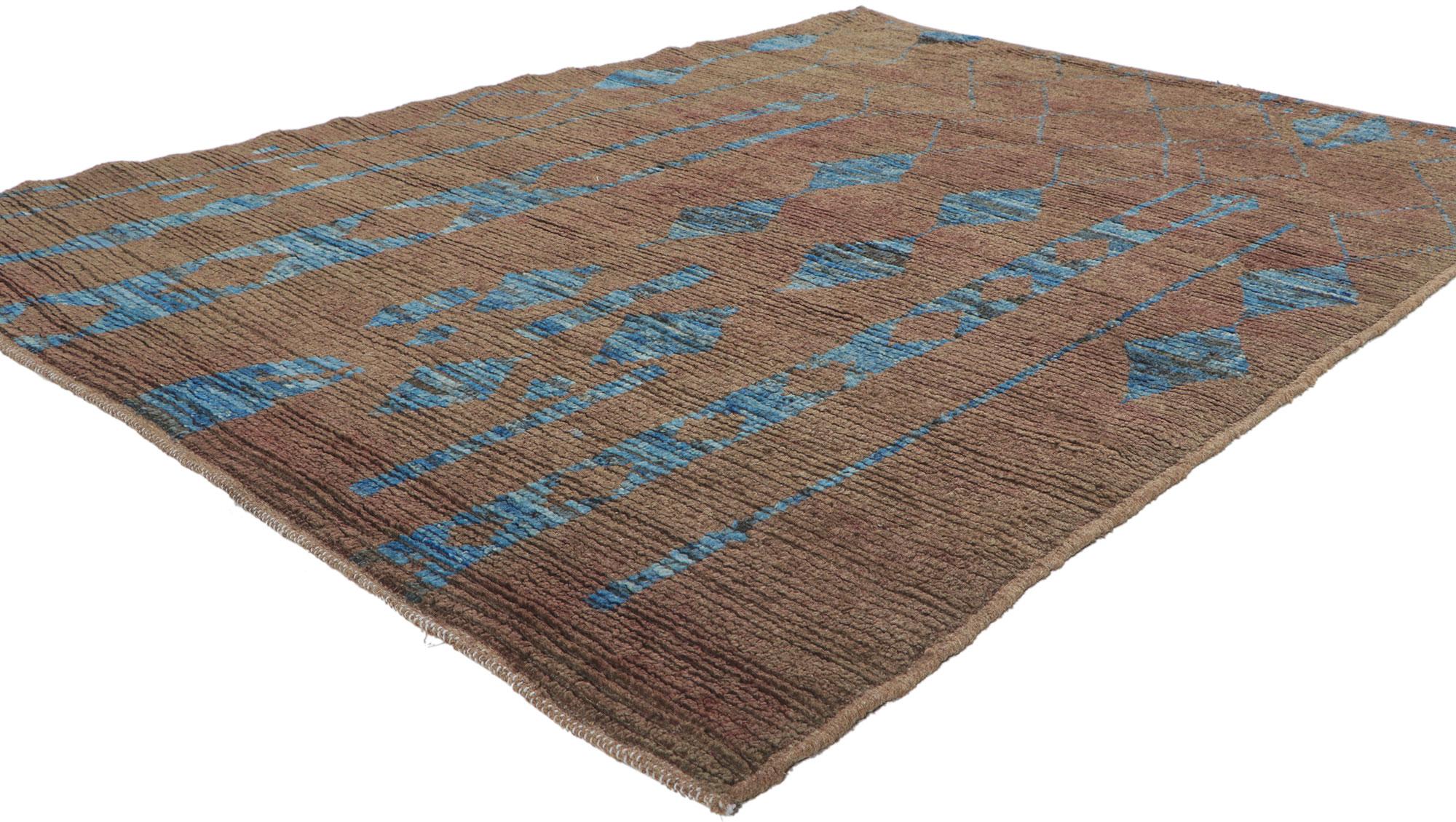 80782 New Moroccan Rug with Modern Nomadic Charm 04'09 x 06'06. ​With its nomadic charm, incredible detail and texture, this hand knotted wool contemporary Moroccan rug is a captivating vision of woven beauty. The eye-catching tribal design and