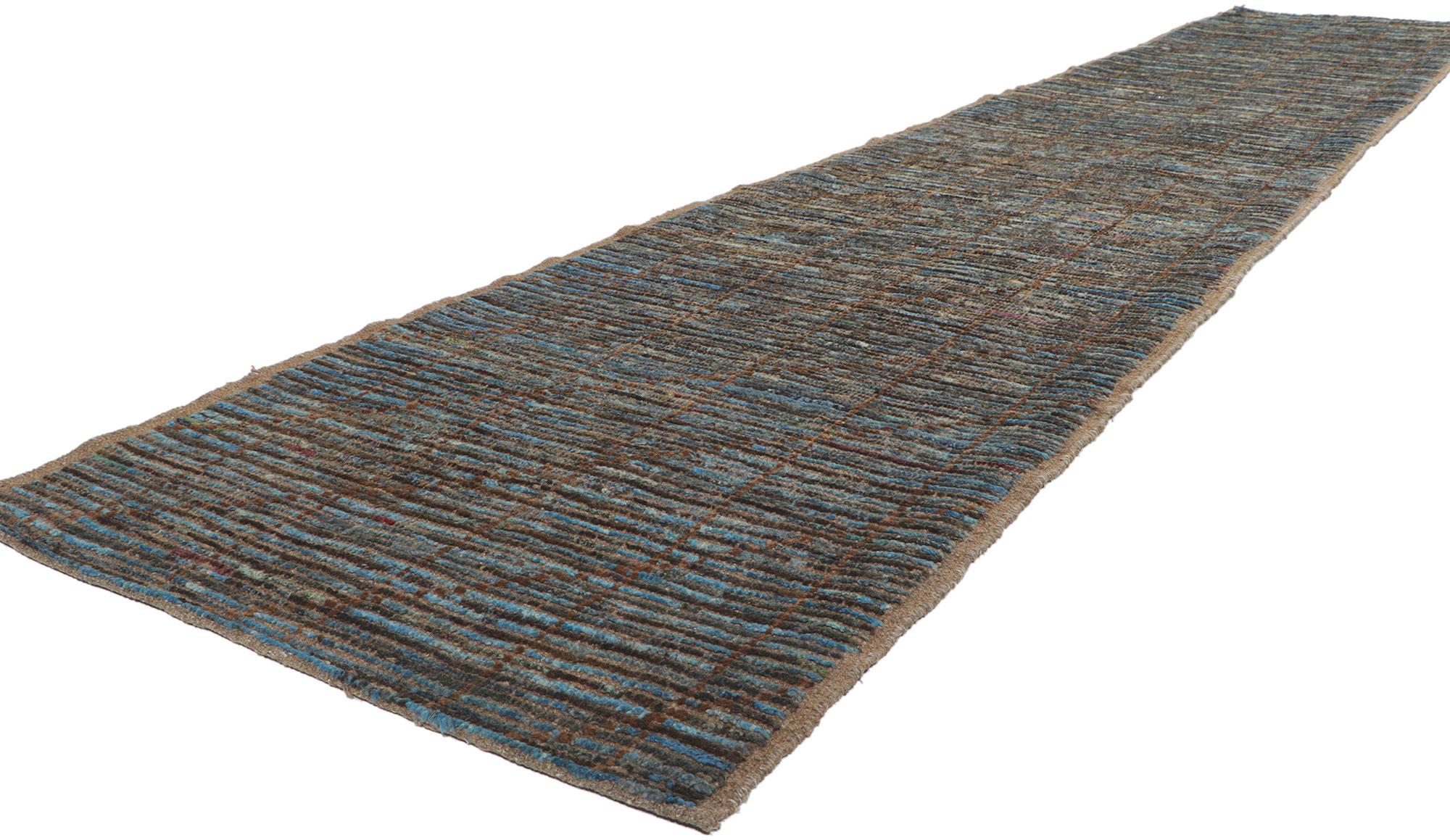 80774 New Moroccan runner with short pile, 02.09 x 15.06. Showcasing a modern design, incredible detail and texture, this hand knotted wool contemporary Moroccan runner is a captivating vision of woven beauty. The inconspicuous lines and earthy