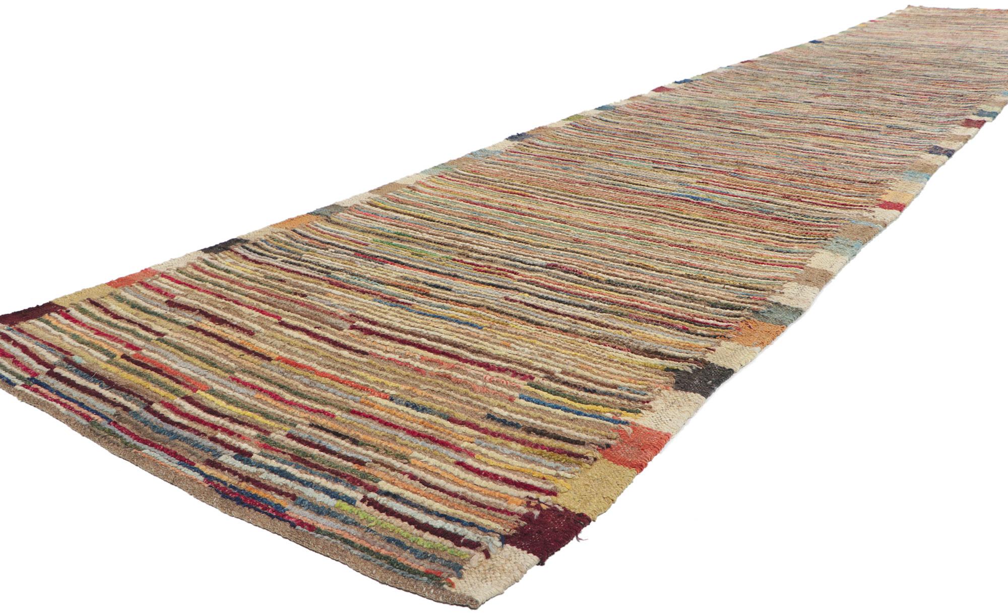 80772 Modern Earth-Tone Moroccan Rug Runner with Short Pile, 03'05 x 19'00. Immerse yourself in the allure of midcentury modern style with this hand-knotted wool Moroccan rug runner—a striking manifestation of woven beauty. Delight in the subtle