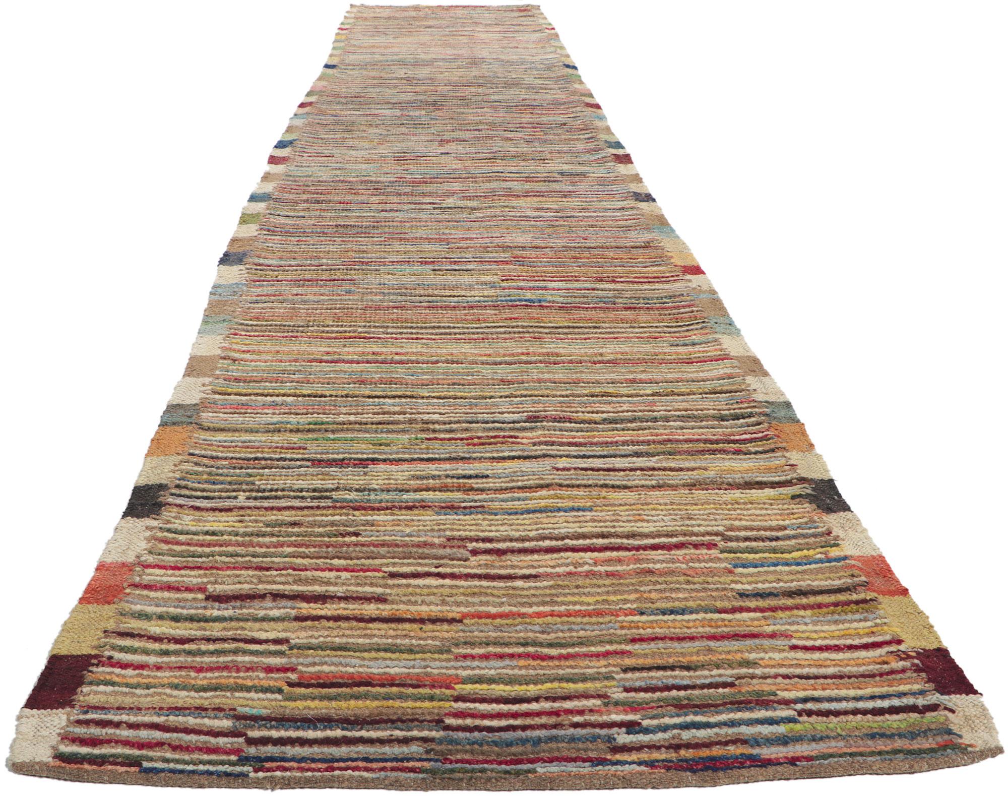 Pakistani Short Pile Moroccan Runner, Tribal Enchantment Meets Midcentury Modern Style For Sale