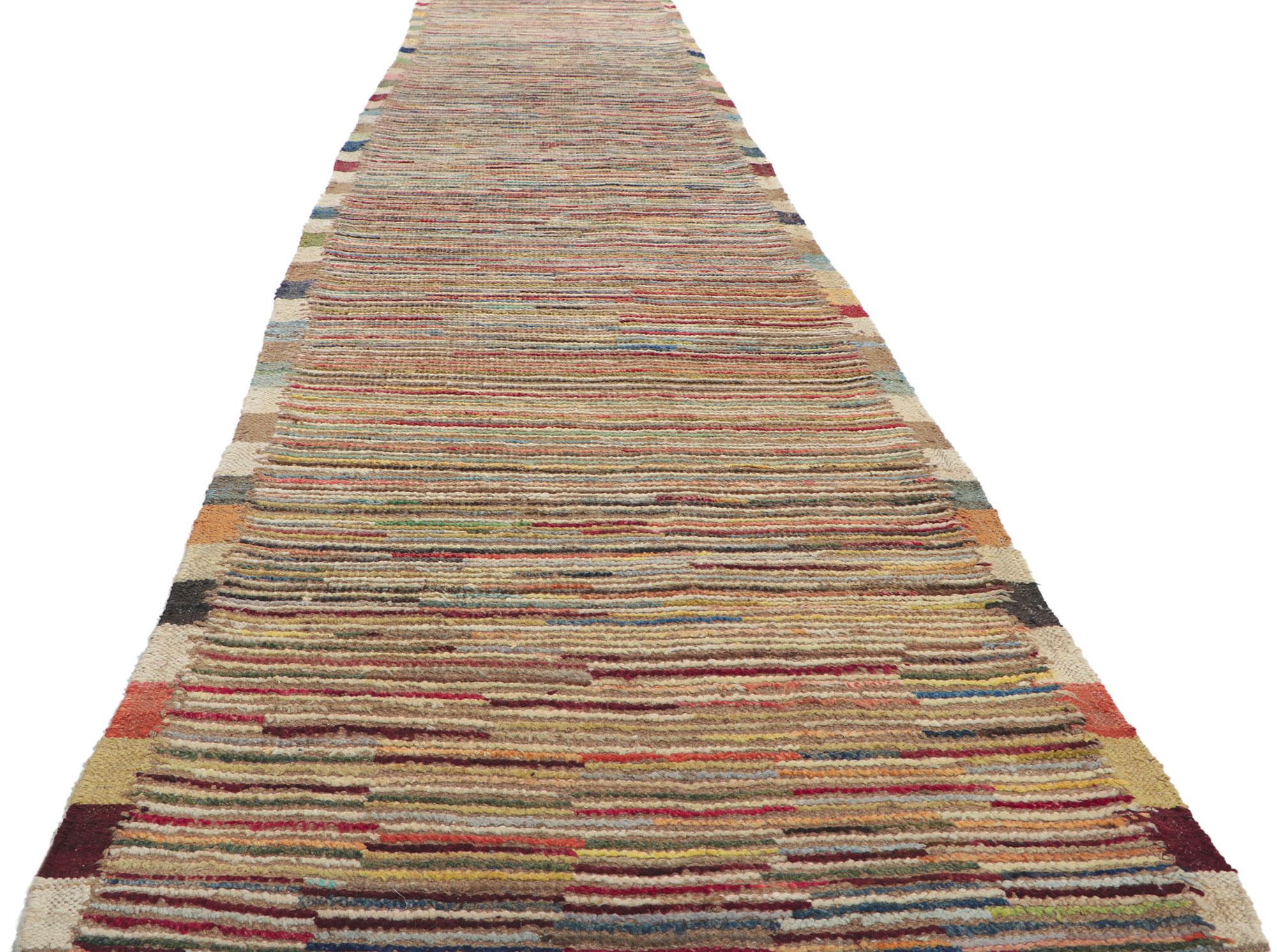 Hand-Knotted Short Pile Moroccan Runner, Tribal Enchantment Meets Midcentury Modern Style For Sale