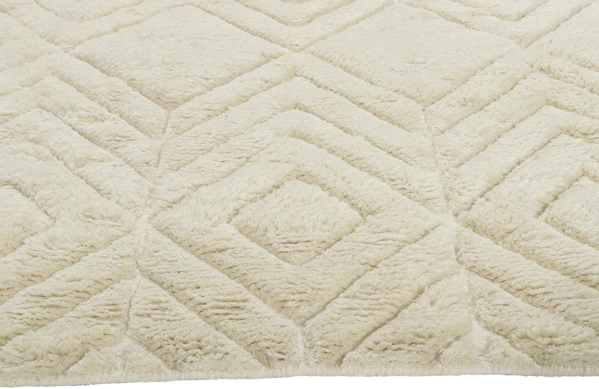 Indian New Moroccan Style High-Low Ivory Rug For Sale