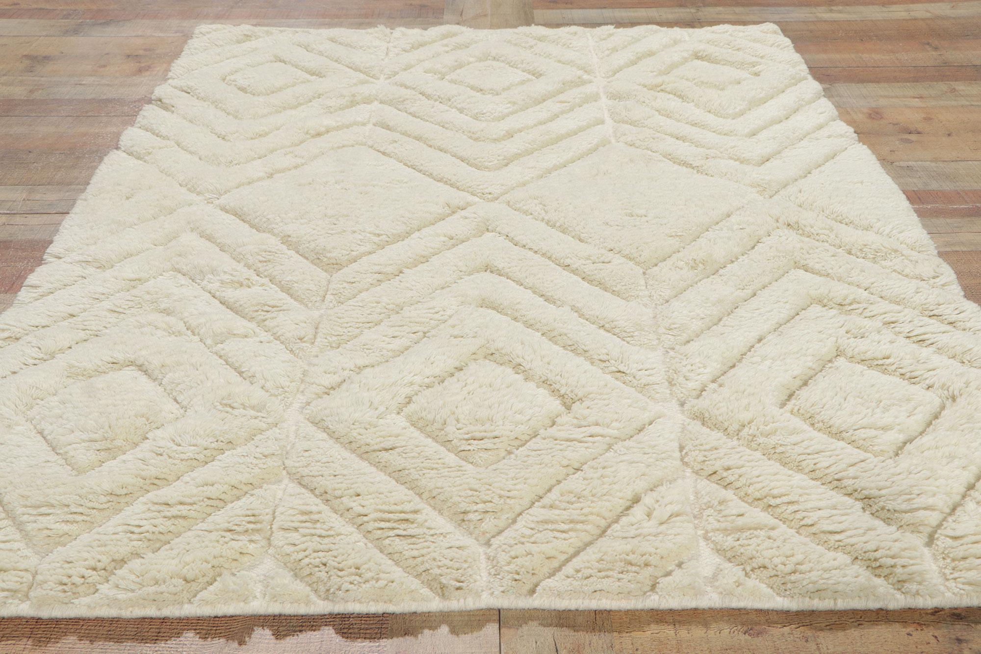 Wool New Moroccan Style High-Low Ivory Rug For Sale