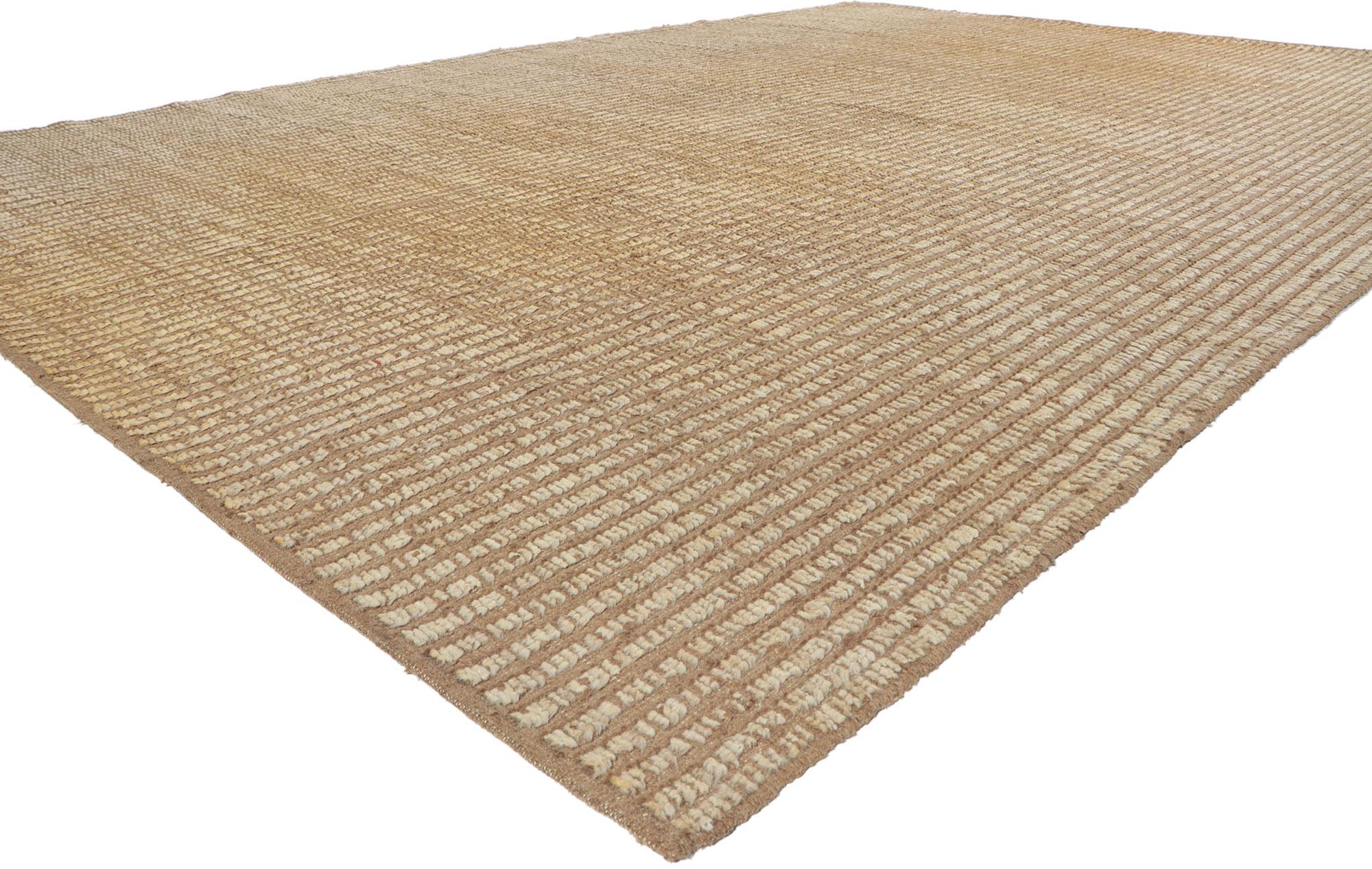 80811 New Moroccan style rug with short pile, 09'10 x 13'11. With its simplicity, incredible detail and texture, this hand knotted wool contemporary Moroccan rug is a captivating vision of woven beauty. The subtle stripe pattern and earthy colorway