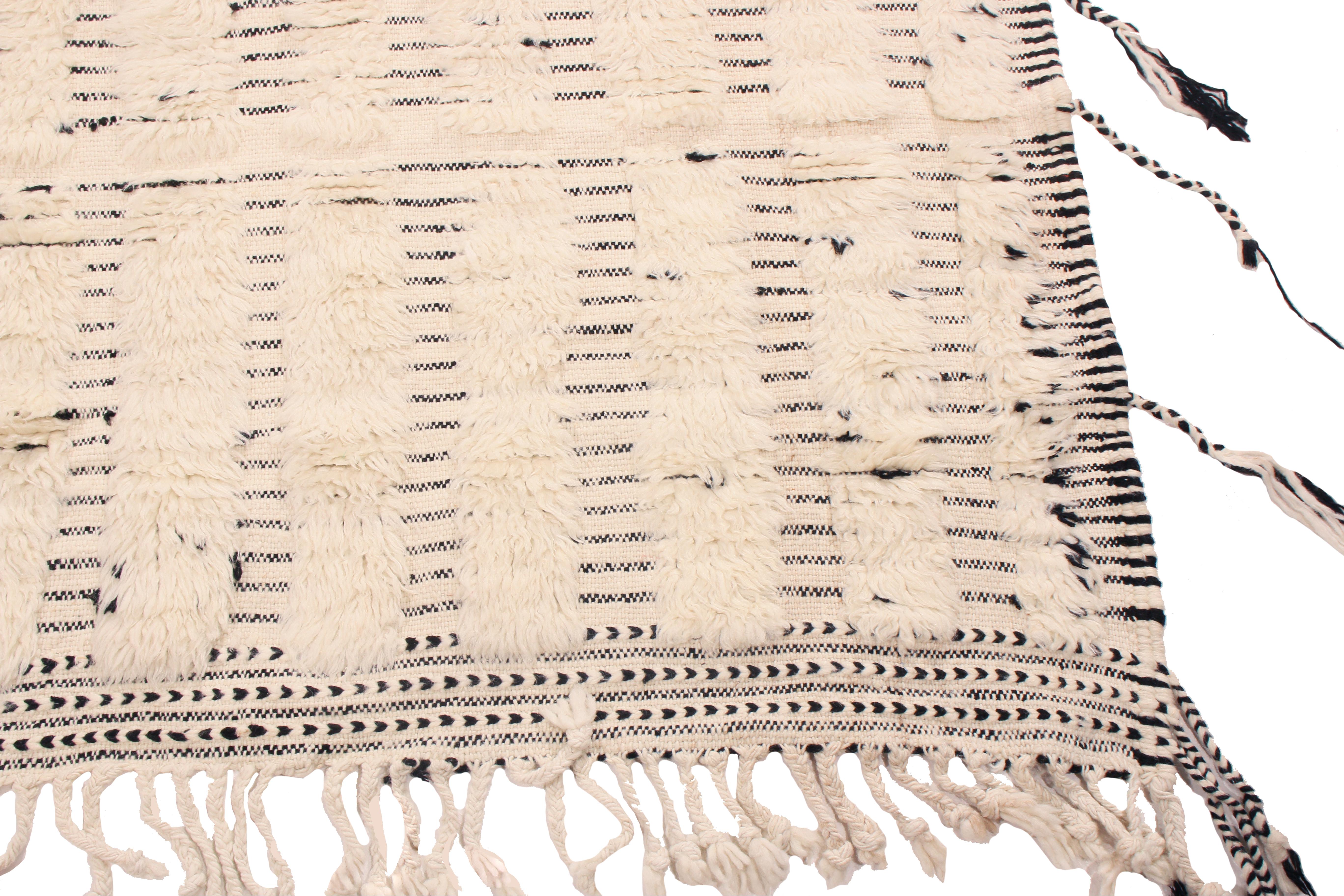Contemporary New Moroccan White and Black Wool Rug with Mixed Pile Height