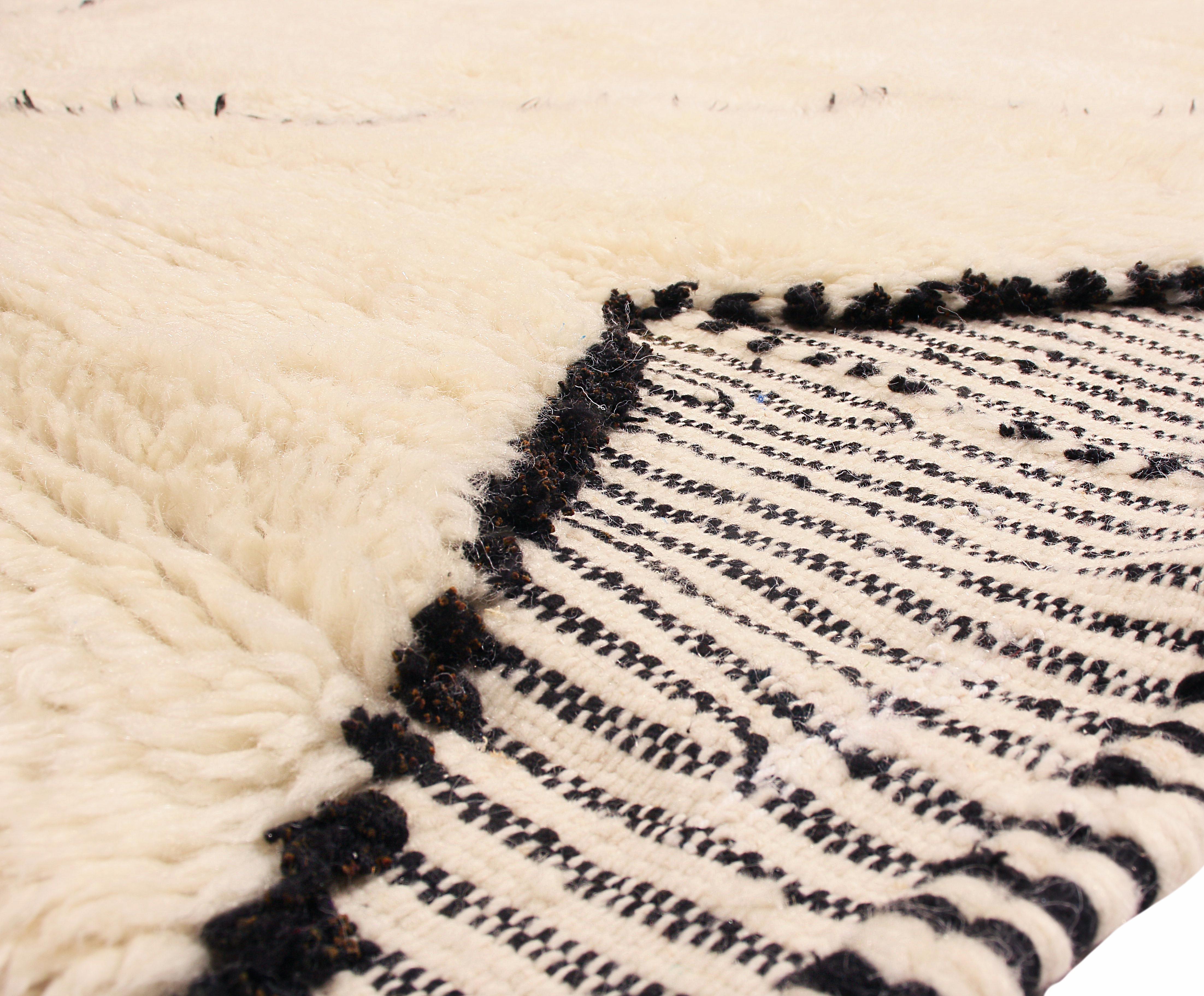 Modern New Moroccan White and Black Wool Rug with Pile 