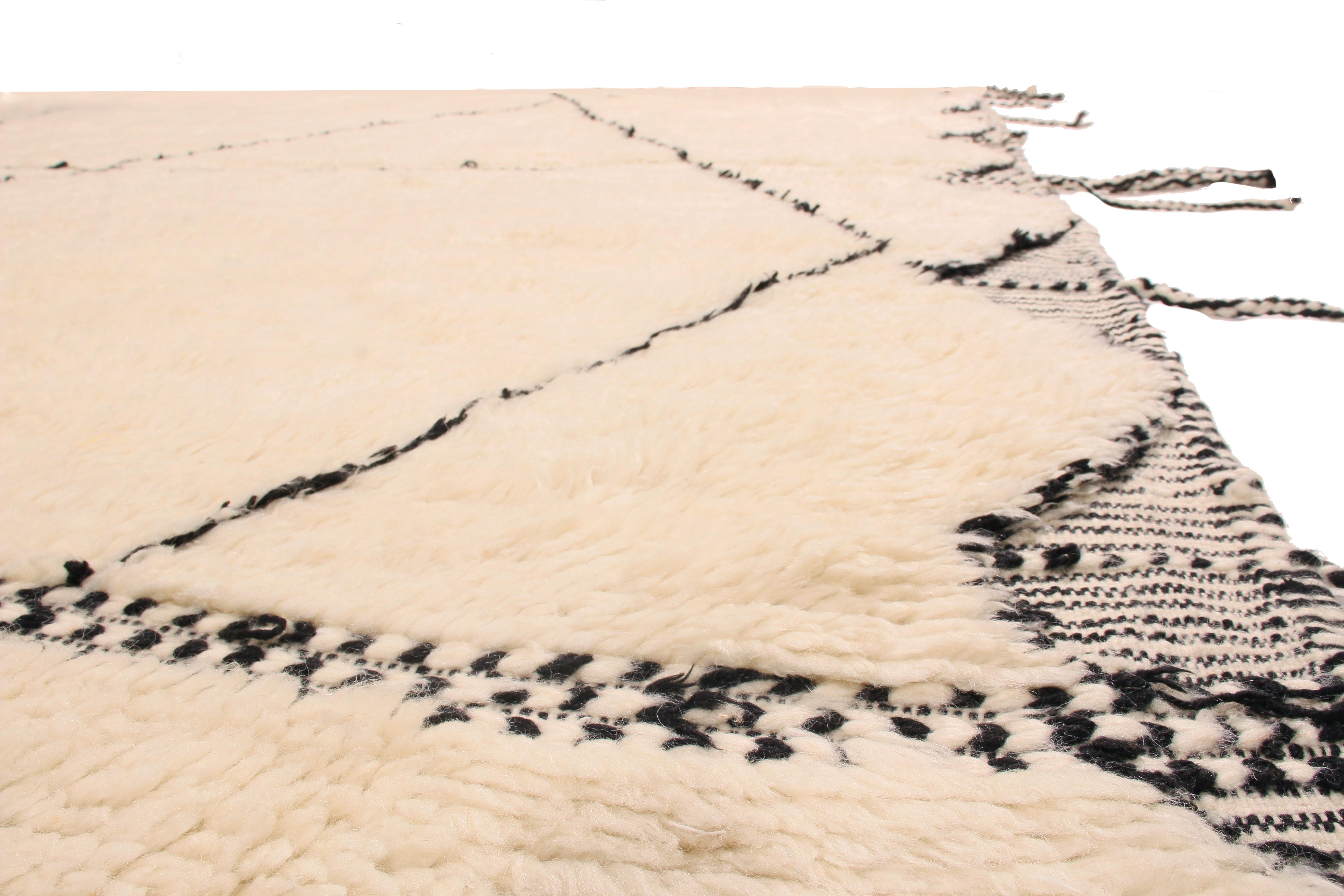 Modern New Moroccan White and Black Wool Rug with Pile